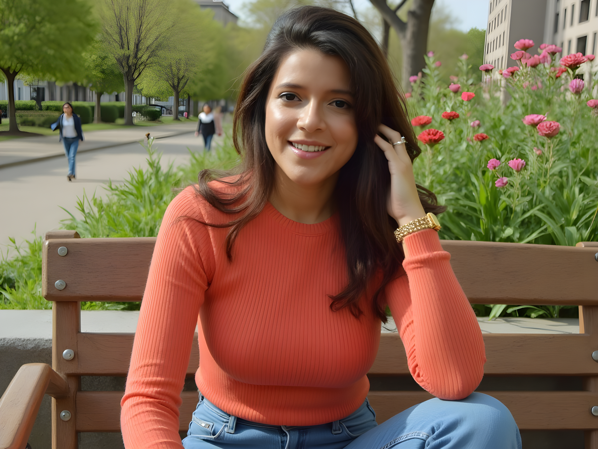 A vibrant and engaging 25-year-old woman exuding confidence and charisma, poised for a Hinge profile with a casual yet polished aesthetic. She wears a fitted, ribbed knit sweater in a rich coral hue, paired with high-waisted denim jeans that accentuate her silhouette. Her hair, styled in loose waves, cascades over one shoulder, framing her face. She sits on a rustic wooden bench in a sun-drenched urban park, surrounded by lush greenery and blooming flowers, evoking a sense of warmth and approachability. Her candid smile, with a glimpse of genuine laughter in her eyes, invites connection, while subtle touches of gold jewelry add a hint of sophistication. This portrait captures the essence of modern dating culture, merging style with authenticity, as she embodies the spirit of being present and open to new possibilities.