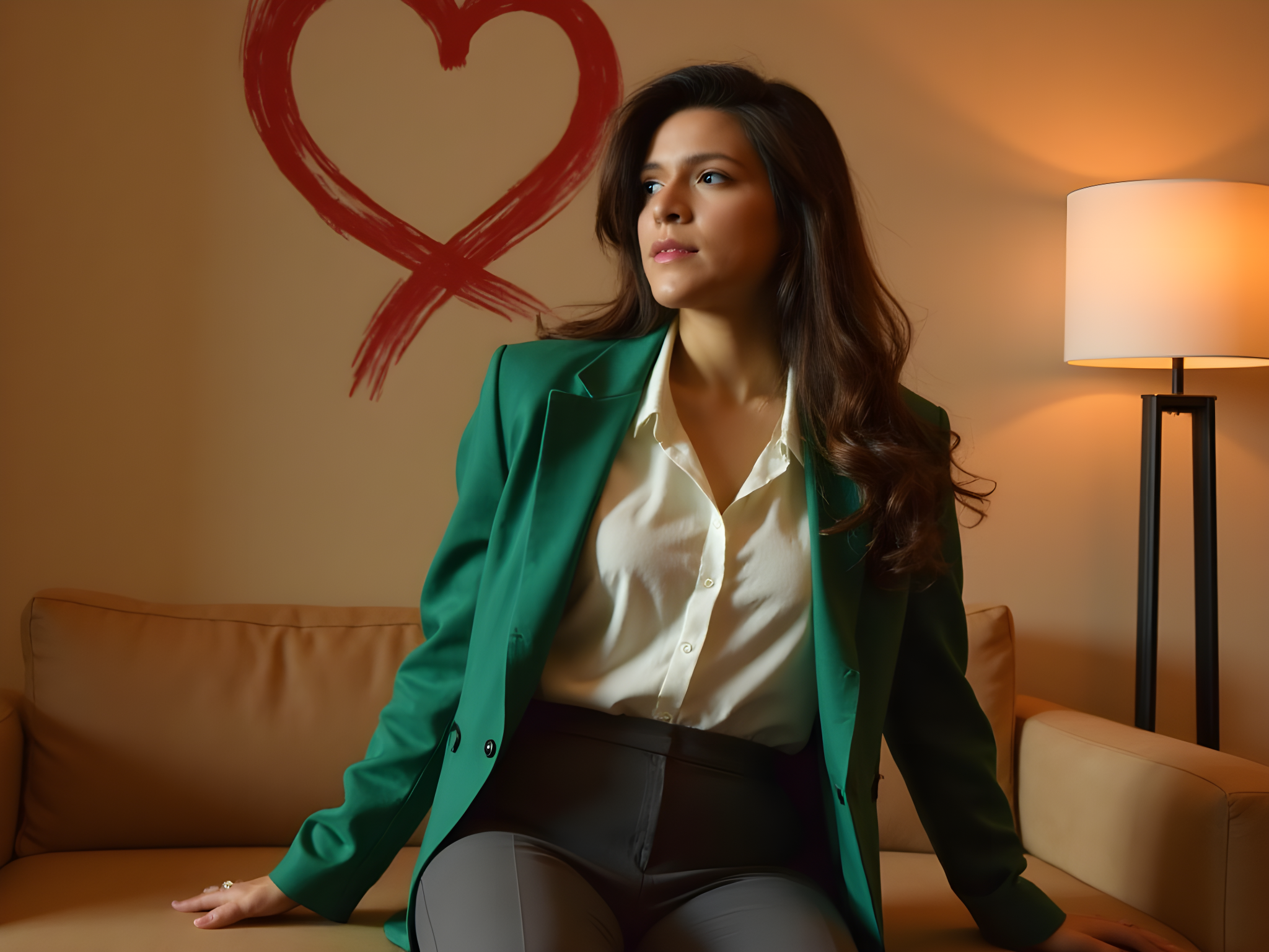 A captivating female figure, aged 25, poised elegantly in a contemporary urban environment that echoes the essence of a modern-day matchmaker. She dons a chic, tailored emerald green blazer over a silk ivory blouse, paired with high-waisted charcoal trousers that accentuate her silhouette. The ensemble is completed with sleek, pointed-toe pumps, radiating sophistication. Her hair is styled in soft waves cascading over one shoulder, and accessorized with minimalist gold jewelry that adds a hint of opulence. The lighting creates a warm, inviting atmosphere, highlighting her confident smile as she engages with her surroundings. The backdrop features an artistic mural that symbolizes connection—abstract heart shapes intertwined with bold lines. This photograph encapsulates the spirit of modern romance and empowerment, evoking the excitement of serendipitous encounters in a vibrant city.