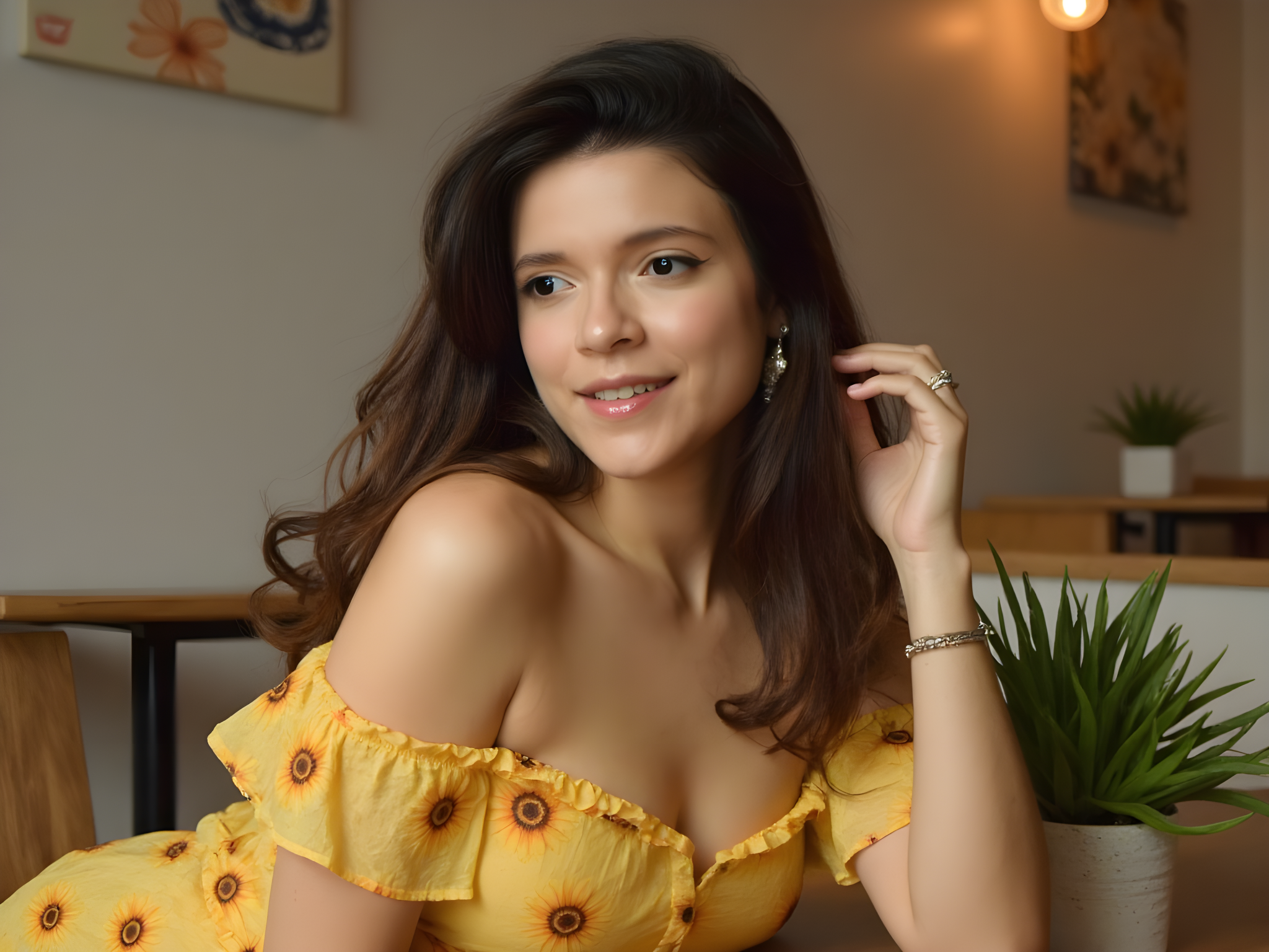 A vibrant and engaging image of a 25-year-old female subject, exuding charisma and charm, poised in a chic urban café setting that reflects a contemporary lifestyle. She's dressed in a playful, off-the-shoulder, sunflower-print midi dress crafted from lightweight chiffon, the fabric fluttering gently around her as she leans on a rustic wooden table adorned with fresh flowers. Her hair cascades in soft waves, framing her radiant face, adorned with minimal makeup that highlights her natural beauty—a pop of coral lipstick and a hint of glow on her cheeks. The ambient lighting creates a warm atmosphere, catching the glint of her playful earrings. She gazes into the camera with a genuine smile, projecting a sense of approachability and warmth that encapsulates the spirit of modern romance. The background showcases a hint of café life, with abstract artwork and succulents enhancing the creative vibe, making it the perfect visual representation for a dating app profile.