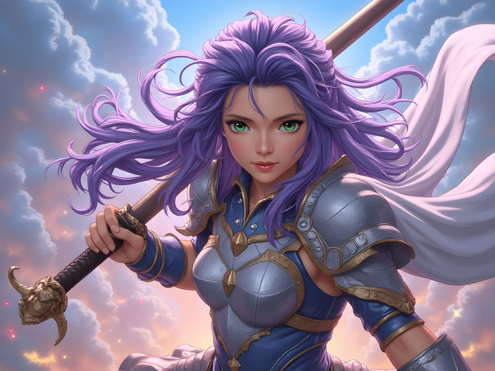 A dynamic illustration of a 25-year-old female anime character, embodying the fierce spirit of a modern warrior princess. She is adorned in intricate armor featuring iridescent blues and silvers, complete with flowing, tattered cape that billows dramatically behind her. Her long, vibrant hair cascades in shades of violet, accentuating her striking emerald eyes filled with determination. The pose is powerful, with one hand gripping a beautifully crafted sword, the other extended forward as if leading a charge. The background depicts a mystical battlefield, with ethereal lights and swirling energies that enhance the narrative of bravery and adventure. The entire composition captures the essence of anime storytelling, evoking a sense of heroism and enchantment.