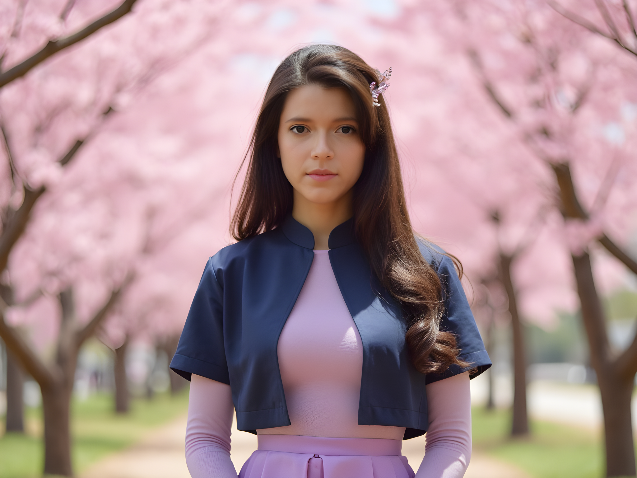 A 25-year-old woman embodying the character Hinata Hyuga from Naruto, standing gracefully in a serene outdoor setting reminiscent of the Hidden Leaf Village. She wears a navy-blue, high-collared, short-sleeved tunic layered over a lavender long-sleeve mesh top, complemented by a soft, flowing lavender skirt that captures the essence of her gentle demeanor. The delicate folds of her outfit flutter in a gentle breeze, and her signature dark eyes radiate quiet strength and kindness. Framed by cherry blossom trees in full bloom, the scene is bathed in soft, dappled sunlight, enhancing the ethereal beauty of the moment. Her long, dark hair cascades in waves down her back, adorned with a subtle hairpin shaped like a leaf. This image tells a story of resilience, femininity, and grace, with Hinata's character coming to life in a rich and vibrant context.