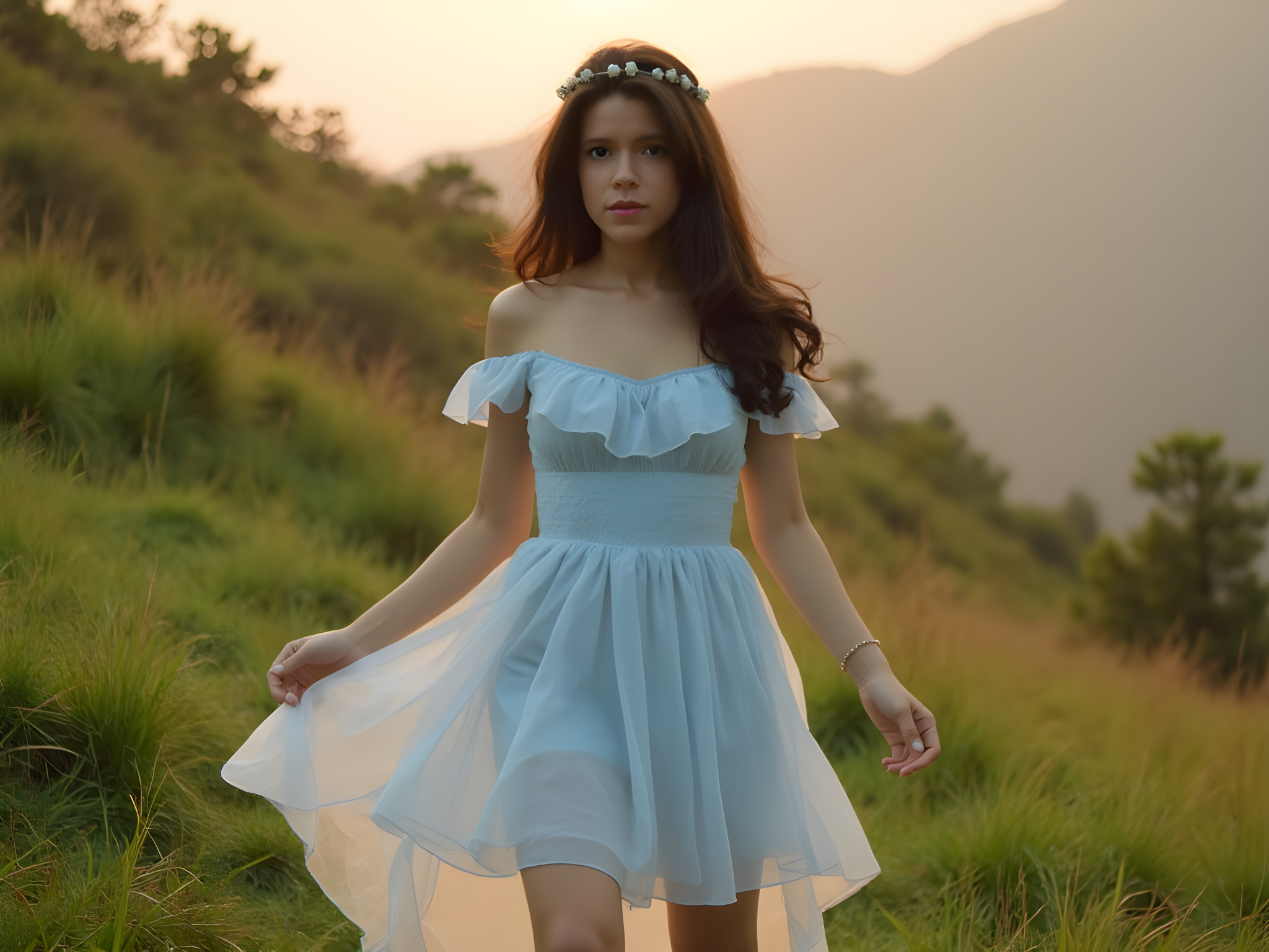 A 25-year-old female model embodies the enigmatic spirit of Mai Sakurajima, situated in a whimsical yet ethereal setting. She dons a flowing, knee-length pastel blue dress made of lightweight chiffon, featuring delicate ruffles and a cinched empire waist that accentuates her figure. The gown floats gracefully around her as she stands barefoot on a lush, green hillside at dusk, sunlight filtering through trees, casting gentle shadows on her porcelain skin. Her dark hair cascades in soft waves down her back, crowned by a simple floral headpiece that adds a touch of whimsy. In her gaze lies a mix of curiosity and warmth, drawing the viewer into her world. The composition uses golden hour light to create a soft, dreamlike atmosphere, with the background blending effortlessly into a bokeh of soft greens and browns. The emotional tone conveys a sense of youthful wonder and mystery, capturing the essence of a beloved character come to life.