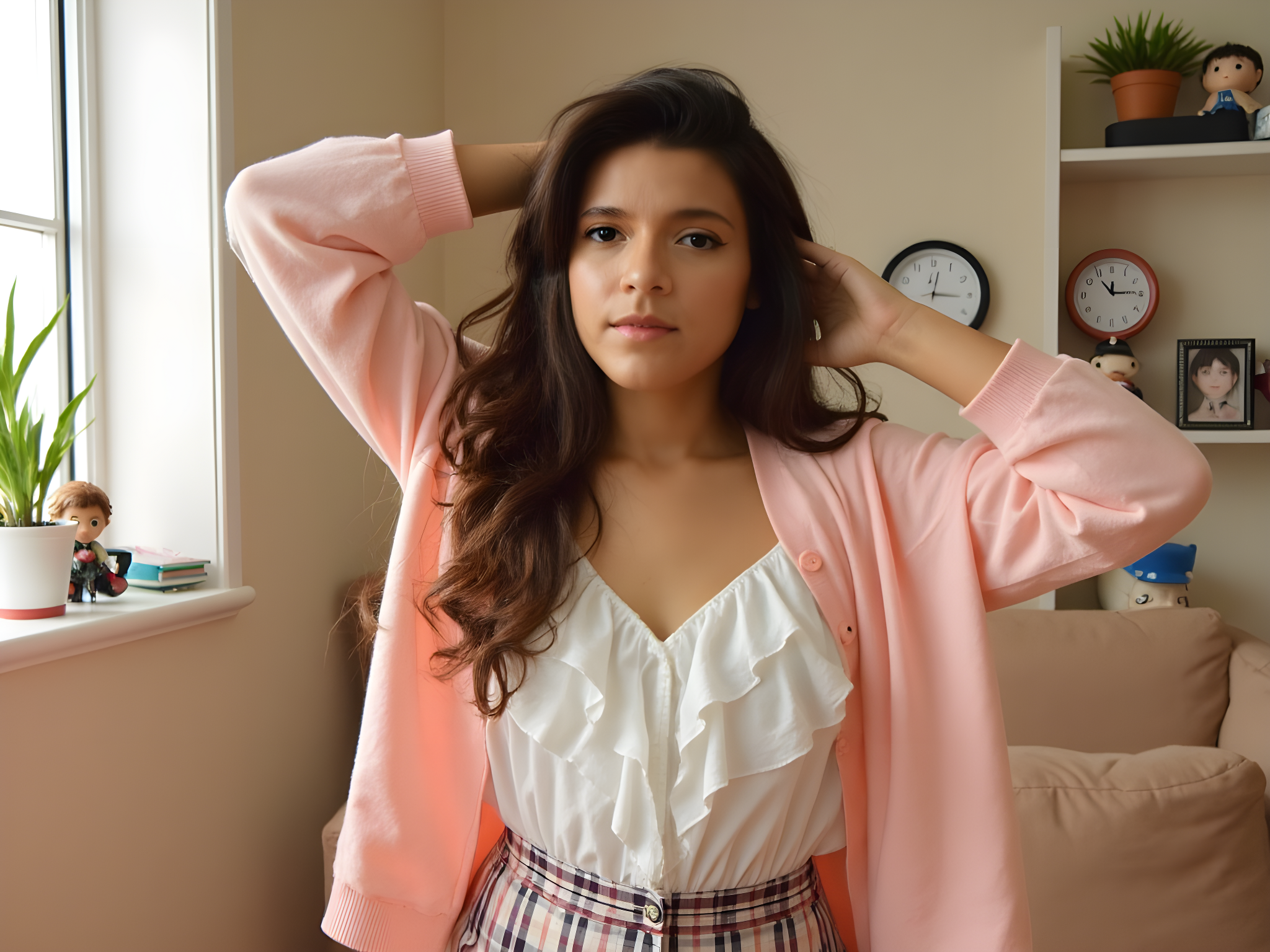 A captivating portrait of a 25-year-old woman embodying the playful charm of Marin Kitagawa from 'My Dress-Up Darling.' She wears a stylish, oversized pastel pink cardigan layered over a white ruffled blouse, paired with a chic plaid mini skirt that flares out playfully. Her hair is styled in soft, cascading waves adorned with whimsical hairpins, reflecting a youthful and vibrant spirit. The setting is a cozy, sun-lit room filled with anime collectibles and artsy decor, evoking a sense of creativity and individuality. Her pose is dynamic, with one hand playfully tucked behind her head, her expression radiating joy and curiosity, perfect for a contemporary fashion editorial.