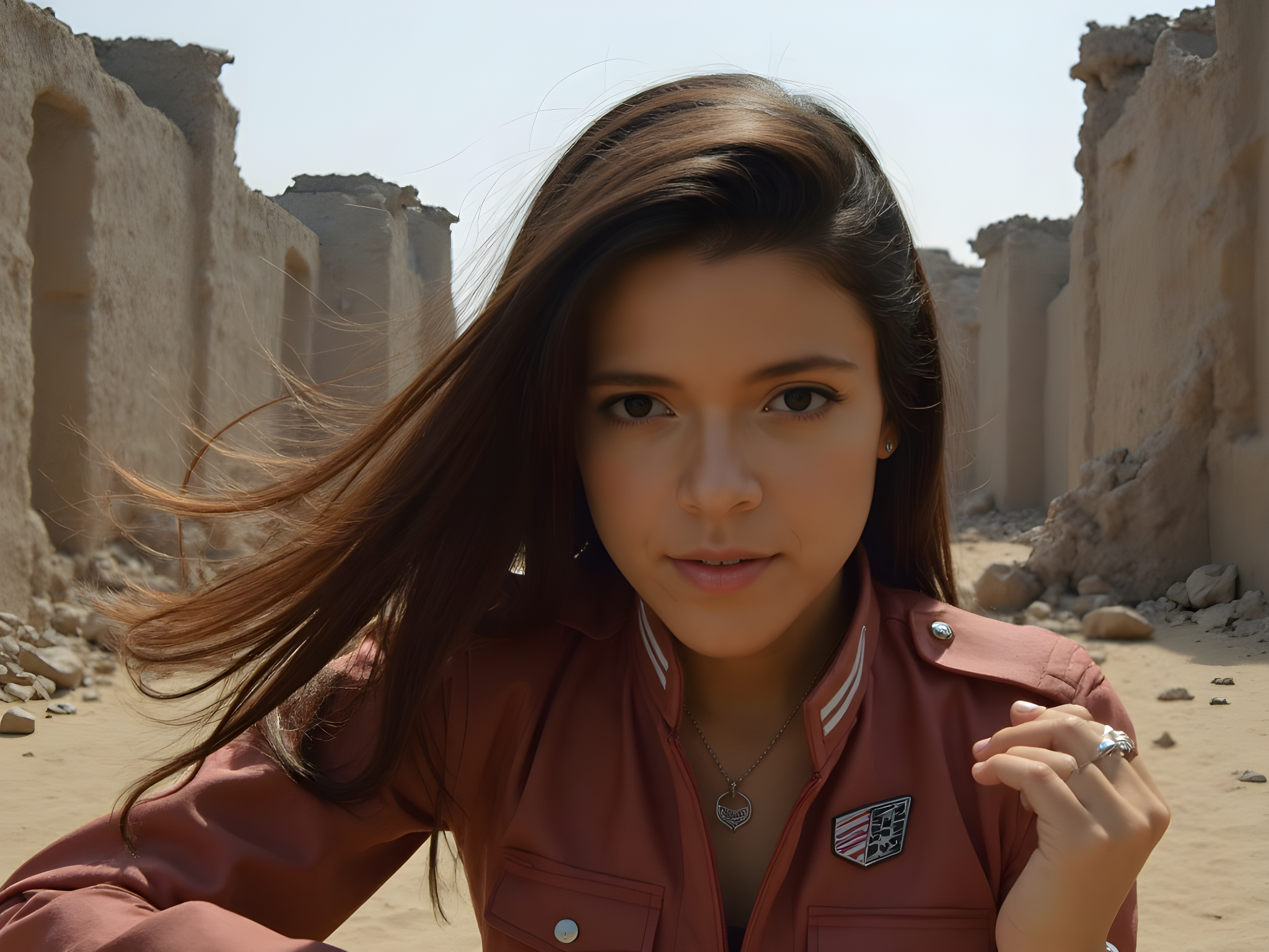 A striking portrait of a female character, aged 25, embodying the fierce spirit of Mikasa Ackerman from Attack on Titan. She is clad in an intricately detailed, form-fitting Survey Corps uniform crafted from robust, matte fabric, accentuating her athletic build. The outfit features meticulously constructed elements like dual belts with sleek buckles and a high-collared jacket with embroidered insignias. Her long, dark hair flows fiercely in a dramatic wind, framing her determined expression. The background is an apocalyptic landscape, with crumbling walls and faint silhouettes of Titans, accentuating the narrative of bravery and resilience. Chiaroscuro lighting casts deep shadows, creating an intense atmosphere that heightens her sense of strength and purpose. Her pose is dynamic; one hand grips a sword, poised for action, while the other is raised in a defensive stance, capturing the essence of a warrior ready to protect her world.