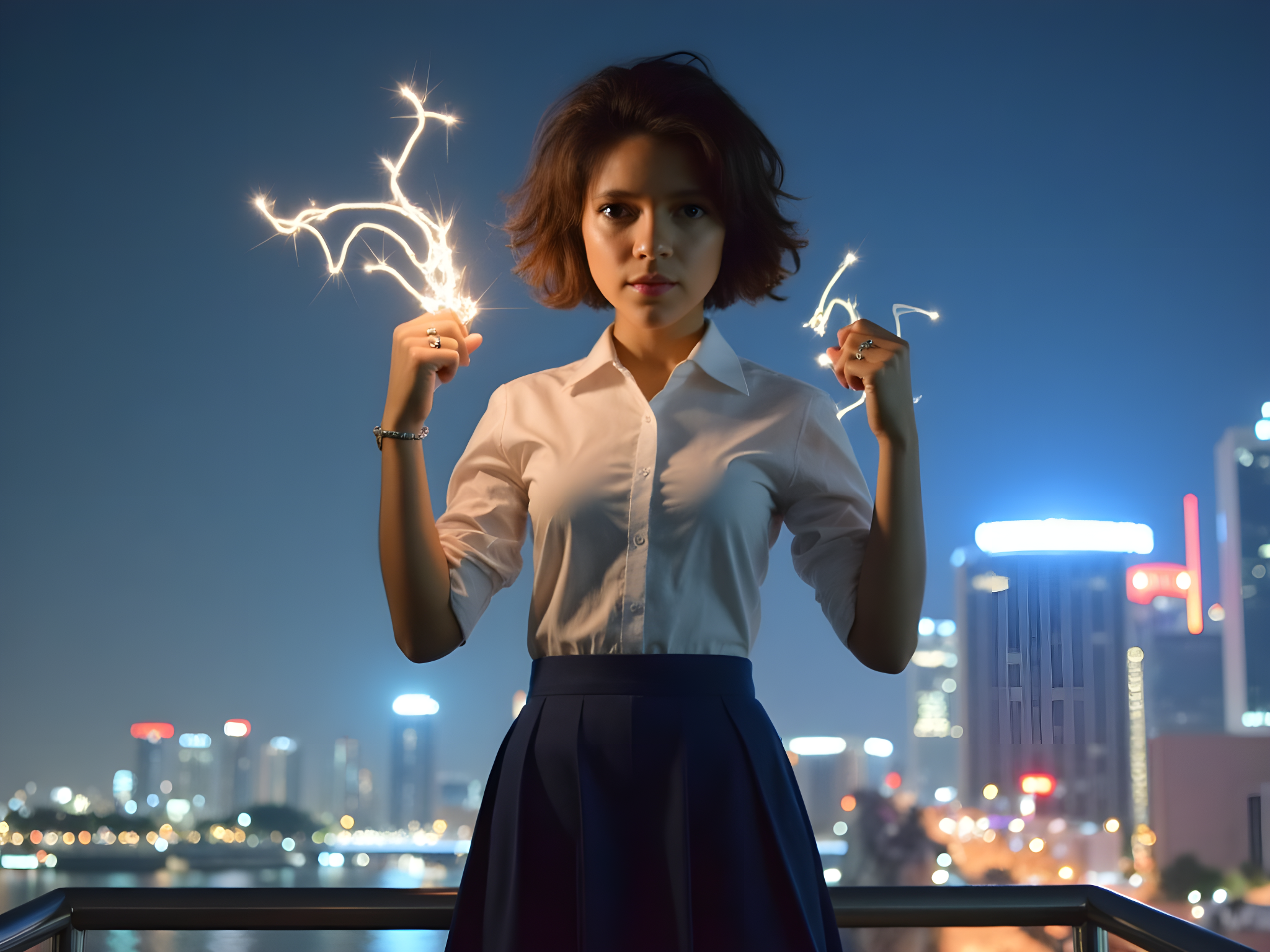A striking portrayal of a 25-year-old female character, embodying Mikoto Misaka from the popular anime 'A Certain Scientific Railgun.' She stands poised on the edge of a bustling urban landscape, her expression fierce yet composed. Dressed in her iconic school uniform, featuring a fitted white blouse tucked into a short, pleated navy skirt, she's accessorized with a signature silver hair clip in her short, dark brown hair. Electric sparks dance around her fingertips, illuminating her powerful presence. The background features a dynamic city skyline, reflecting a blend of contemporary architecture and subtle neon hues, enhancing the high-energy atmosphere. The lighting captures dramatic contrast, with soft glows highlighting her figure against the shadowed cityscape, evoking themes of strength, independence, and a hint of youthful rebellion.