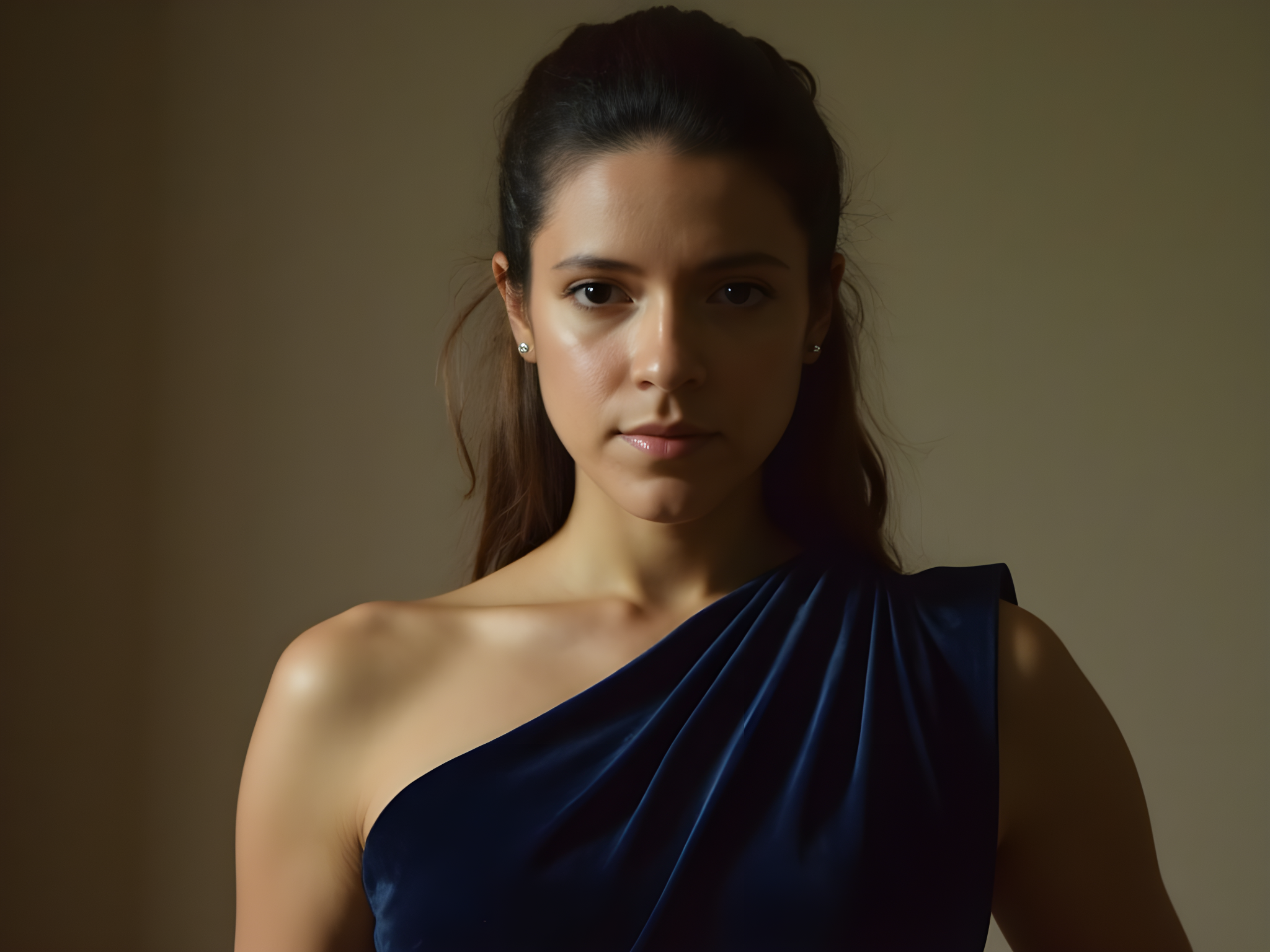 A 25-year-old woman embodies the spirit of a modern-day muse, draped in an avant-garde outfit inspired by Rembrandt's chiaroscuro techniques. She wears a deep navy-blue velvet dress with sweeping asymmetrical lines, cut in a princess silhouette that accentuates her figure. The dress features hand-pleated cascades that catch the light, contrasting against the shadows that envelop her like a brushstroke of artistry. Her hair is styled in a sleek low bun, accentuating her striking cheekbones and inviting gaze. The composition is infused with dramatic chiaroscuro lighting, casting soft shadows across her face, and highlighting the texture of her clothing. The backdrop is a muted, textured wall reminiscent of an Old Master painting, creating a harmonious dialogue between the subject and her environment. This image encapsulates a timeless elegance fused with contemporary flair, projecting confidence and artistic flair.