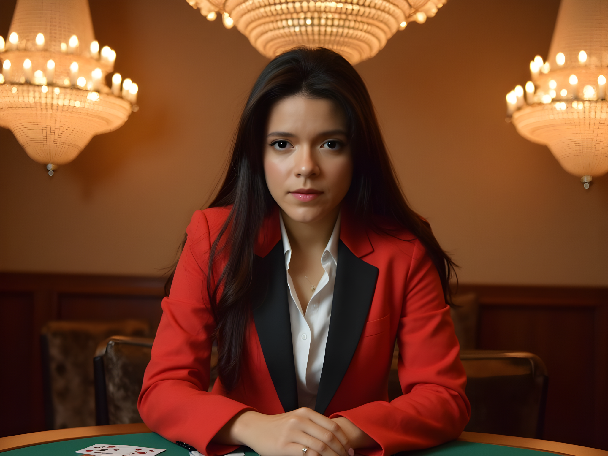 A striking portrait of a 25-year-old woman embodying the essence of Yumeko Jabami from the anime *Kakegurui*. She wears an immaculate red blazer with black lapels, perfectly tailored to accentuate her figure, layered over a crisp white blouse and a plaid skirt that flares elegantly. The setting is a dramatic high-stakes casino backdrop, illuminated by dazzling chandeliers that cast glittering reflections. Her long, raven-black hair cascades dramatically down her back, framing a face that radiates both charm and a hint of mischief. Her eyes, sharp and bright, hold a captivating intensity, hinting at her thrill-seeking nature. The lighting, a blend of soft and stark contrasts, creates an almost ethereal glow, heightening the tension of the moment as she leans slightly forward, hands poised elegantly on a table covered in cards, inviting the viewer into her gamble. This image merges anime aesthetics with high fashion, conveying the suspense and allure of risk-taking in a beautifully composed frame.