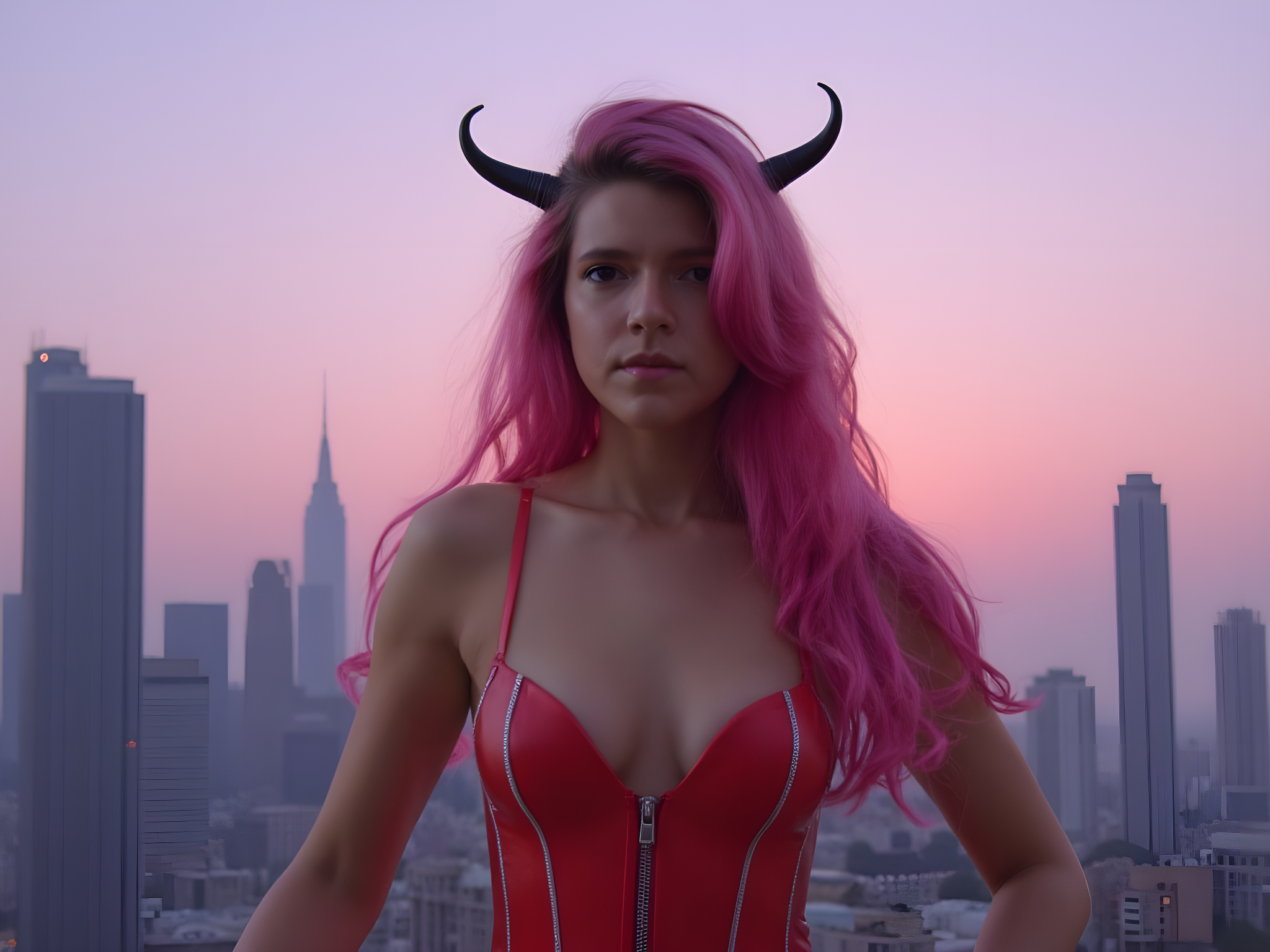 A striking female figure, aged 25, embodies the ethereal essence of Zero Two from 'Darling in the Franxx.' She stands poised in a futuristic urban landscape, her signature pink hair cascading in soft waves, accented by devil horns peeking through. Draped in a form-fitting red and white bodysuit that contrasts with her delicate silvery skin, the outfit features sleek, metallic detailing that recalls both elegance and strength. The urban backdrop showcases towering skyscrapers under a twilight sky, casting a mystical glow on her figure. Her expression is a blend of allure and determination, projecting the enigmatic charm of a heroine caught between worlds. The lighting utilizes soft backlighting, creating a halo effect around her form while maintaining sharp silhouettes, evoking a blend of vulnerability and power in this fashion-forward sci-fi narrative.
