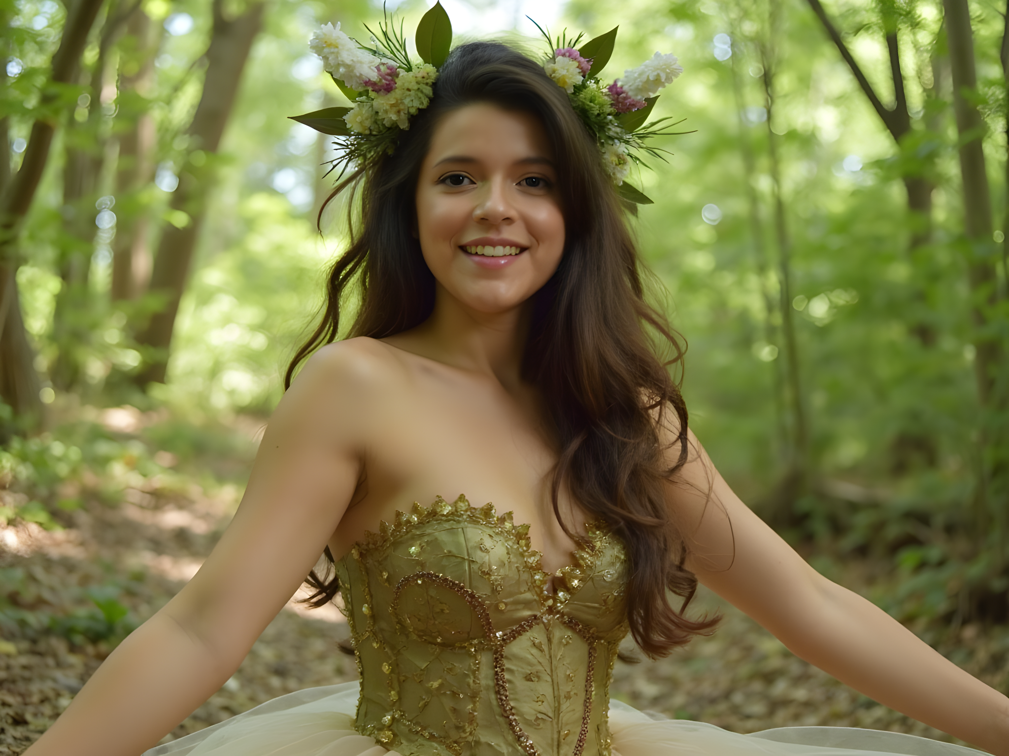 A captivating female cosplayer, aged 25, embodies the enchanting spirit of a wood nymph, styled in a meticulously crafted outfit of iridescent greens and earthy browns. The bodice, adorned with sequined leaves and delicate embroidery, accentuates her slender figure, while a flowing chiffon skirt with layers of tulle cascades around her like a gentle forest breeze. Her ethereal beauty is complemented by a floral crown made of wildflowers and greenery, mingling seamlessly with her long, wavy hair that glistens with subtle shimmer. She stands in a serene forest setting, dappled sunlight filtering through the trees, evoking an otherworldly atmosphere. The composition frames her in a soft, enchanting light, with a shallow depth of field emphasizing her ethereal presence against the vibrant foliage, capturing the magic of the fantasy realm.