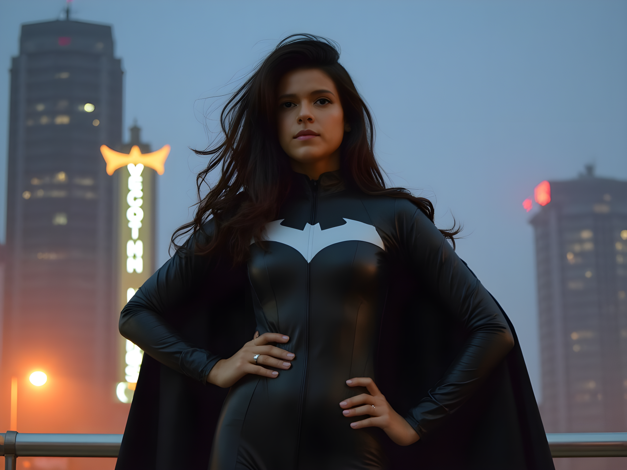 A striking portrayal of a female vigilante, aged 25, embodying the essence of a modern-day superhero. Dressed in a sleek black bodysuit made from high-tech fabric that glistens subtly under the city lights, she wears a dramatic cape that flows behind her like a shadowy silhouette. Her mask, expertly crafted, reveals piercing eyes that exude confidence and strength. Standing atop a Gotham-inspired skyline at twilight, she strikes a powerful pose, one hand on her hip and the other gripping her iconic grappling hook. The urban backdrop is accentuated with flickering neon signs and towering skyscrapers, enveloped in a mist that adds an air of mystery. The composition captures the tension and urgency of a world in need of her protection, while cinematic lighting dramatically highlights her figure, casting long shadows that enhance the theme of duality between light and darkness. This image evokes the strength of female empowerment, heroism, and resilience in modern narratives.