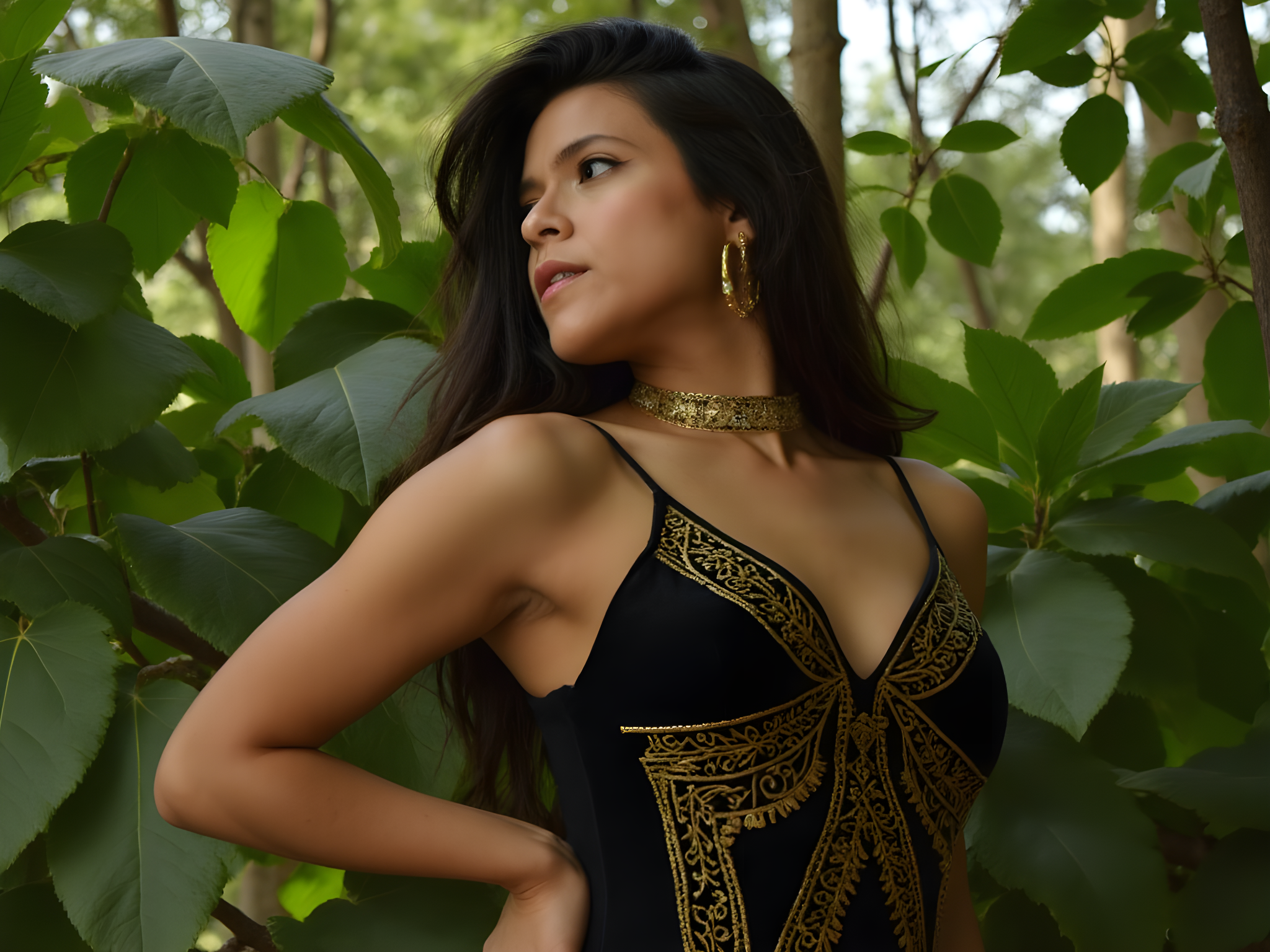 A striking 25-year-old female model embodies the fierce spirit of a modern-day Black Panther warrior. Clad in a form-fitting, intricately embroidered black bodysuit crafted from luxe velvet and detailed with contrasting gold tribal motifs, she stands poised against a backdrop of lush, verdant jungle foliage. Her fierce gaze and powerful stance, one hand resting on her hip while the other is lifted as if in mid-motion, convey resilience and strength. The scene is illuminated by dappled sunlight filtering through the leaves, creating a chiaroscuro effect that highlights her sculptural silhouette. Bold accessories, including a statement gold choker and oversized hoop earrings, amplify her fierce elegance. This fashion moment weaves together themes of empowerment, elegance, and cultural pride, creating a visual narrative that is both compelling and inspiring.