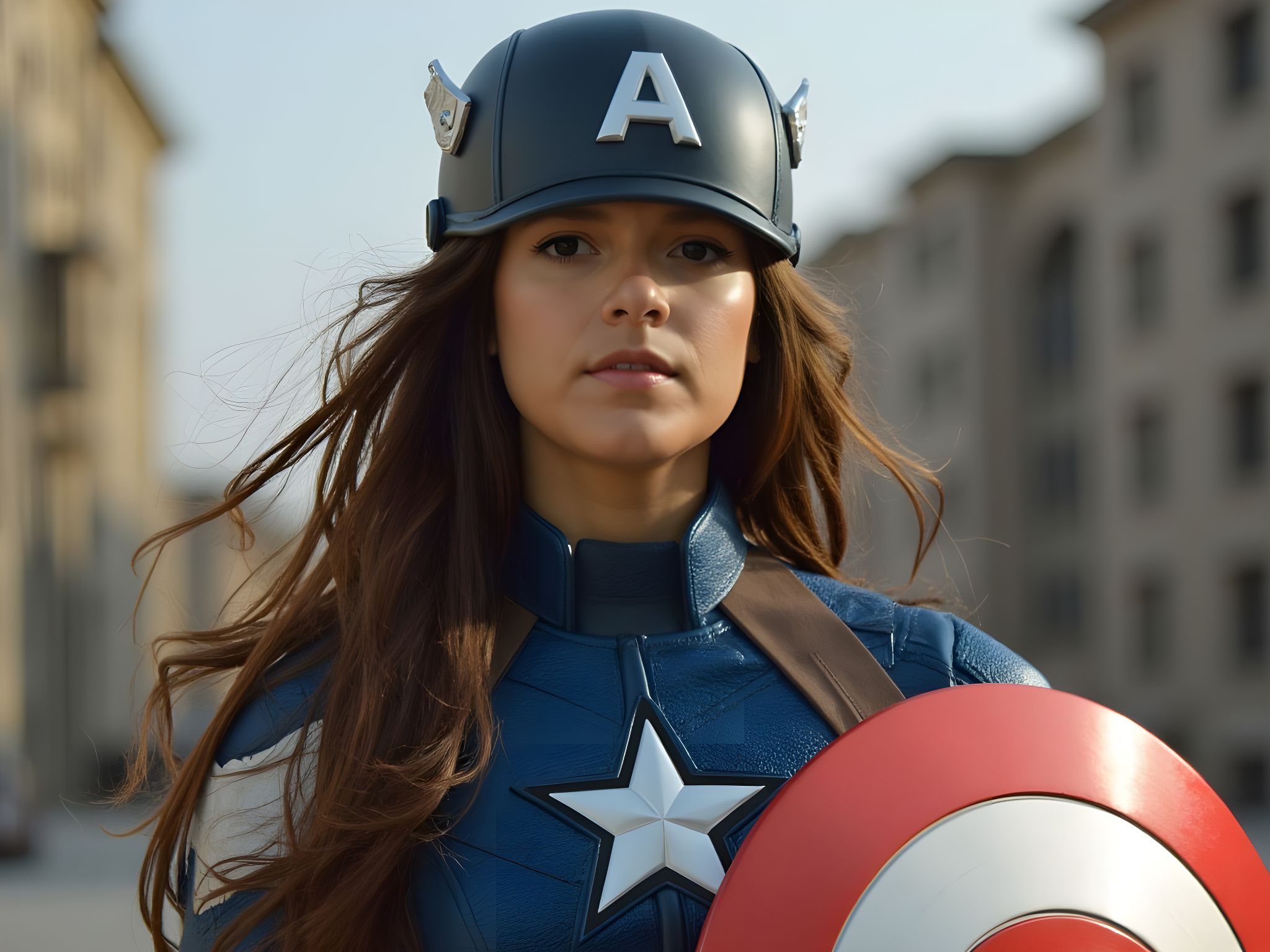 A fierce female figure, aged 25, embodies the spirit of Captain America, standing proudly amidst an urban backdrop that hints at a post-apocalyptic setting. She dons a sleek, tailored version of the iconic Captain America uniform, reimagined with a modern, feminine twist—crafted from iridescent cerulean spandex, accented with red and white stripes that flow seamlessly into a high-waisted utility skirt with deep pockets. Her long, wavy hair is tucked beneath a polished steel helmet, the star glinting in the ambient light, while her intense gaze is framed by strategically applied warrior makeup—bold eyeliner and a hint of metallic blue eyeshadow. The pose projects a sense of readiness, one hand resting firmly on a shield with a contemporary design, embossed with the emblematic star. Reflective surface lighting highlights the contours of her muscular form, while the gritty cityscape behind her lends an air of urban survivalism. This image captures the essence of empowerment and resilience, merging classic superheroic allure with modern femininity.