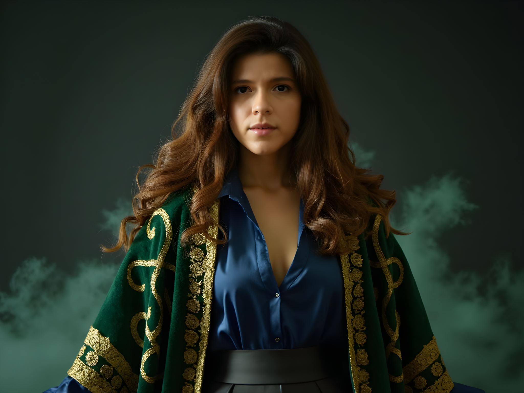 A captivating portrait of a 25-year-old female, inspired by Doctor Strange’s universe. She dons an intricately designed cloak, crafted from shimmering emerald velvet with intricate gold embroidery. Underneath, she wears a fitted midnight blue tunic made of luxurious silk, complemented by high-waisted black tailored trousers. Her hair cascades down her shoulders in loose waves, framed by dramatic, angular bangs, evoking an air of mystique. The setting is a shadowy, magical realm filled with swirling lights and ominous glyphs floating in the air, suggesting otherworldly powers. The lighting is ethereal, creating a chiaroscuro effect that highlights her features, contrasting the rich fabric of her costume. Her expression displays fierce determination, embodying both strength and grace as if she commands the very forces of magic that surround her.
