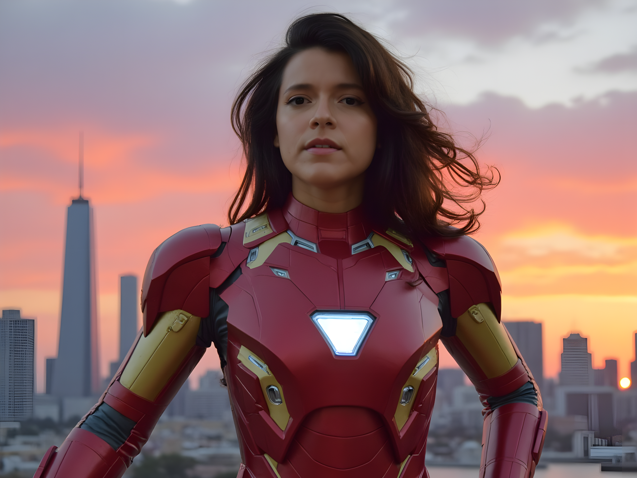 A striking female figure, aged 25, emerges as a modern reinterpretation of Iron Man, clad in a cutting-edge, metallic exoskeleton that gleams with shades of burnt copper and deep crimson. The armor, intricately designed with sleek lines and subtle engravings, features glowing arc reactor details in a brilliant blue that pulses with energy. She stands heroically against a dramatic cityscape at dusk, the skyline silhouetted by an explosion of colors as the sun dips below the horizon. Her pose exudes confidence and power, one arm slightly raised as if ready to take flight, the armor flexing around her form. The lighting enhances the contours of her suit, creating a sense of dynamic movement, while the background blurs beautifully, focusing the viewer’s attention on her commanding presence. The atmosphere captures the fervor and potential of a new generation of heroes, inspiring awe and admiration, a blend of strength and femininity that pays homage to the iconic character while reinterpreting its narrative.