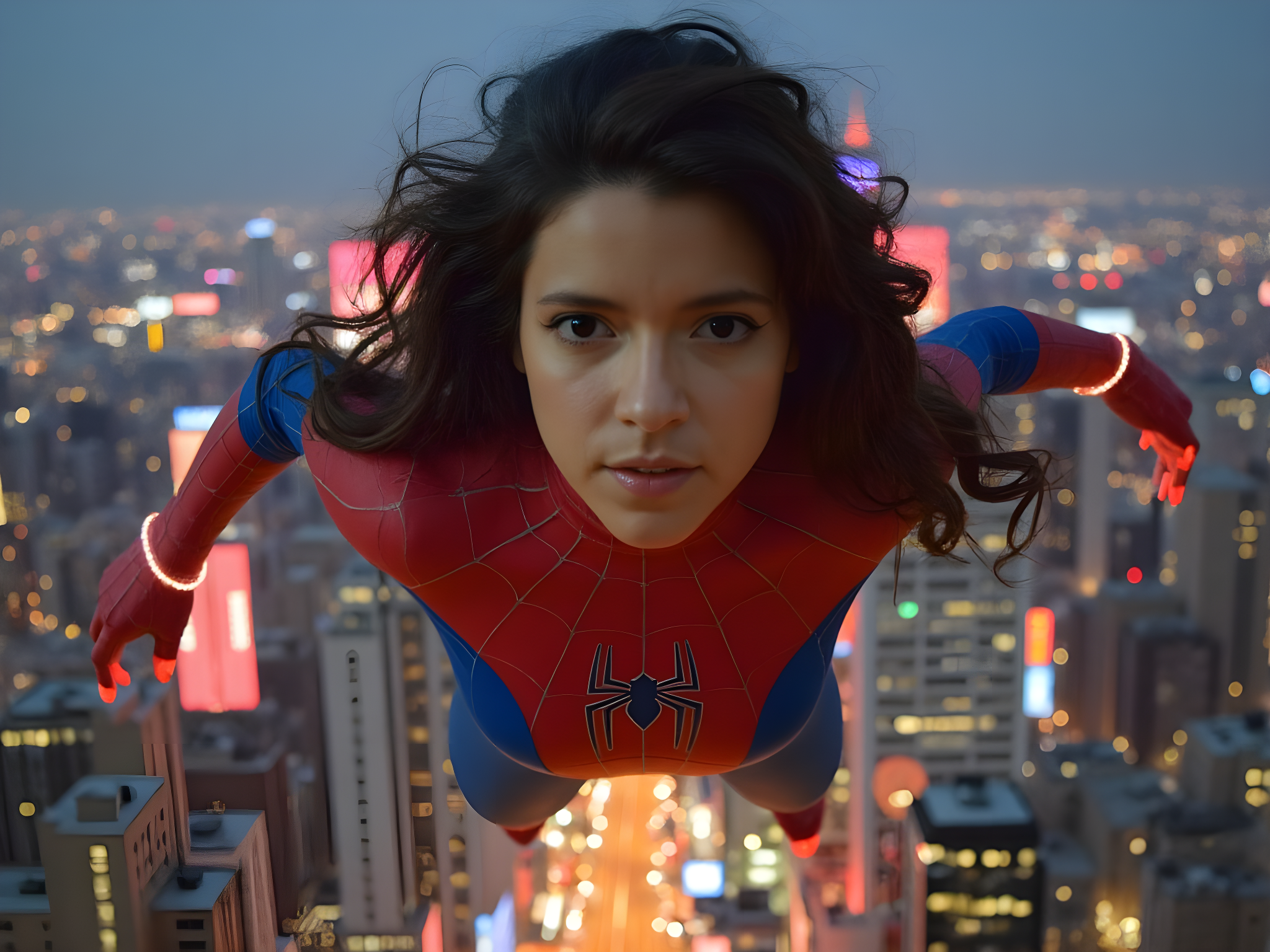 A dynamic portrayal of a 25-year-old female superhero inspired by Spider-Man, suspended mid-air in an urban landscape. She wears a form-fitting, vibrant red and blue suit featuring intricate web patterns and a stylish modern cut that emphasizes her athleticism. Her web-shooters glint under the city lights as she expertly swings between skyscrapers. The city skyline forms a dramatic backdrop, illuminated by the glow of neon signs, capturing the thrill of adventure. Her expression exudes confidence and determination, perfectly embodying the spirit of a modern-day heroine.