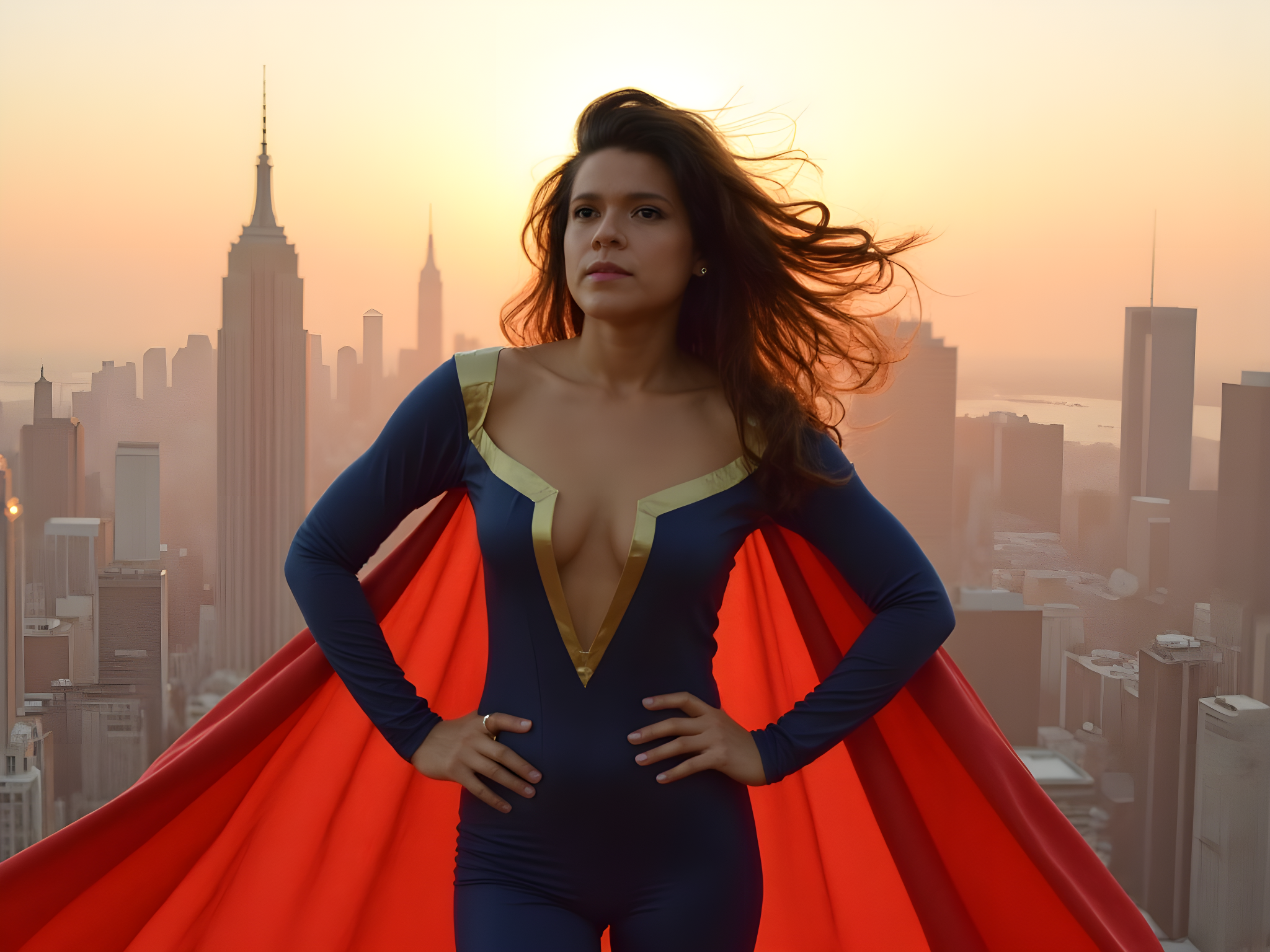 A powerful and determined female figure, aged 25, dons an avant-garde superhero costume that reimagines the classic Superman aesthetic. The costume features a fitted deep blue bodysuit with gold accents, emphasizing her athletic form. A dramatic red cape billows behind her, catching the wind like a flag of strength. She stands confidently atop a city skyscraper, her hair flowing fiercely in the wind as she gazes into the horizon. The skyline glows in the golden hour, casting ethereal light that highlights her superhuman resolve. This image balances bold visual storytelling with a narrative of empowerment, seamlessly merging fantasy and fashion to captivate the imagination.