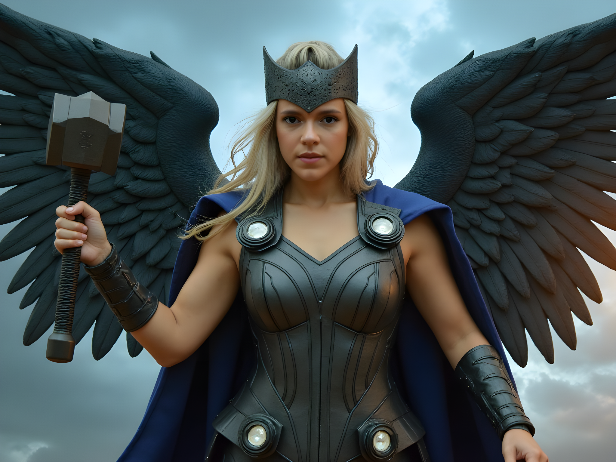 A striking female figure, aged 25, embodies the fierce spirit of a modern warrior reminiscent of Marvel's Thor. She stands powerfully amidst a dramatic stormy backdrop, large metal wings unfurling behind her, crafted from a blend of steel and leather that catches flickers of lightning. Clad in an intricately detailed dark-iron breastplate with celestial engravings, her outfit flows into a deep, midnight blue cape that billows in the wind. Her silver-blonde hair cascades in wild waves, framing her determined face, while a metal crown adorned with glowing gemstones rests upon her brow. In one hand, she wields a formidable, intricately designed hammer, capturing the essence of strength and heroism. The lighting is moody and dynamic, enhancing the fierce expression in her eyes, making the scene both epic and emotionally resonant, embodying power and femininity.