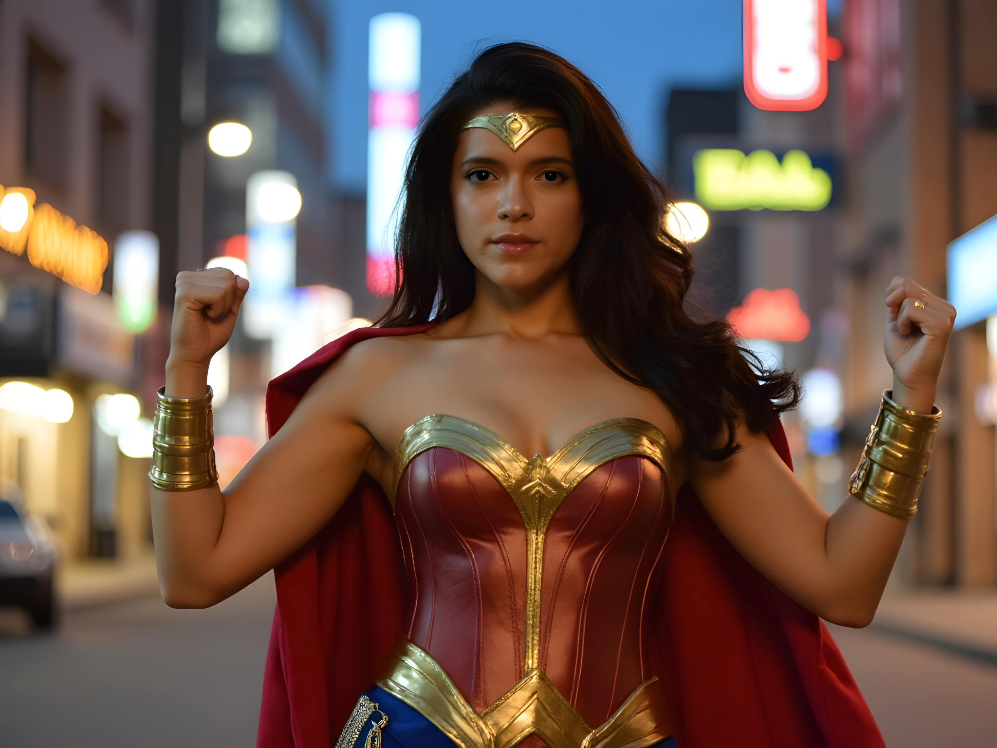 A powerful female figure, aged 25, embodying the fierce spirit of a modern-day Wonder Woman. She stands tall, exuding confidence in a meticulously crafted costume of glimmering bronze corset with intricate embossed designs and a flowing red cape that billows dramatically behind her. Her dark, flowing hair cascades down her shoulders, adorned with a golden tiara that catches the light. The setting is an urban landscape at dusk, with neon lights reflecting off steel and glass, creating a juxtaposition of strength and femininity. The pose features a strong stance with one foot forward, fist clenched, as if ready to face any challenge. Cinematic lighting highlights her determined expression and the details of her costume, while a shallow depth of field captures the vibrating energy of the city. This image resonates with empowerment, capturing the essence of a warrior ready to conquer the world.