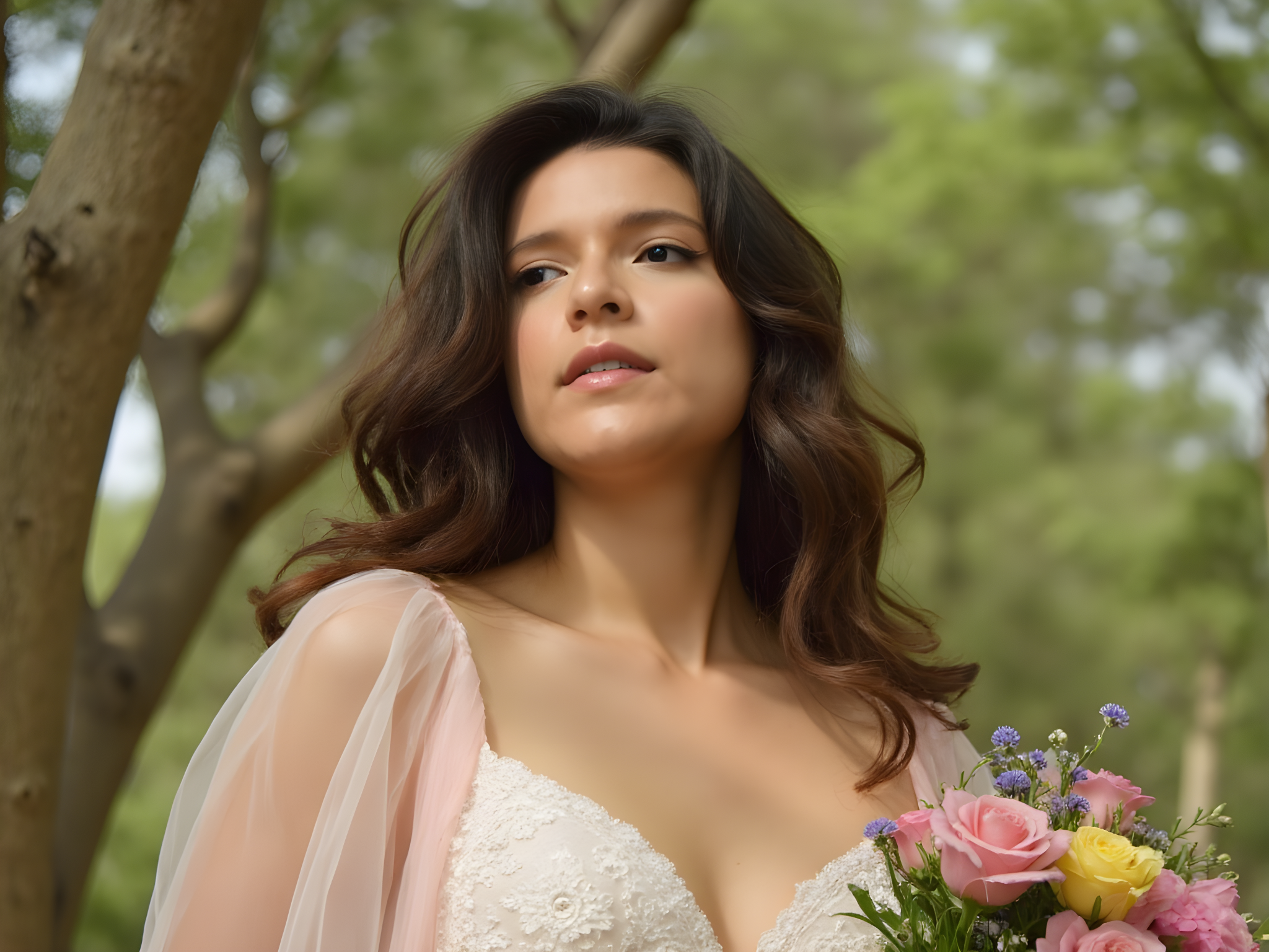 A 25-year-old female figure, embodying the grace and poise of a modern-day deity, captures a serene moment during an outdoor ceremony. She is draped in an ethereal gown of whispering chiffon georgette, the fabric softly cascading in layers of blush and ivory, with delicate lace embroidery tracing the bodice, enhancing her timeless beauty. The sunlight filters through the trees, creating a dappled effect that dances across her skin, enhancing the natural glow of her makeup with a subtle shimmer on her cheekbones. Her hair flows in soft waves, adorned with wildflowers, evoking a sense of organic elegance. She holds an intricately designed bouquet of local blooms, each petal resonating with the colors of her gown. The composition, framed by softly blurred nature, emphasizes her connection to the earth while exuding an air of expected joy and quiet strength, making this image a visual homage to love and unity.