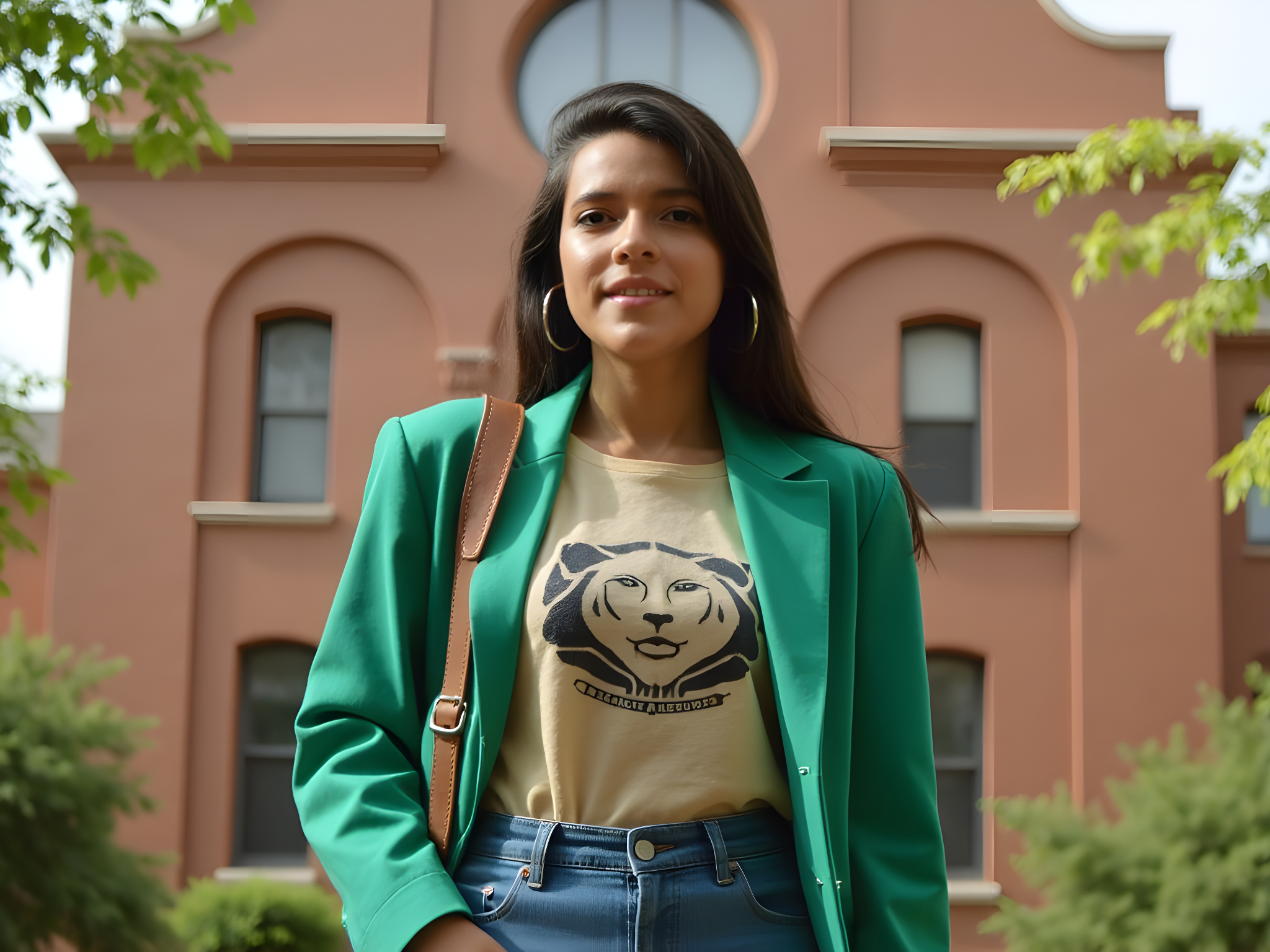 A vibrant, spirited female college student, aged 25, captured in an urban campus setting. She stands confidently in front of a historic brick building, dressed in a playful mix of high fashion and street style. A tailored oversized blazer in a bold emerald green complements a fitted graphic tee tucked into high-waisted, wide-leg jeans, creating a chic yet relaxed silhouette. Her accessories include statement hoop earrings and a vintage leather backpack slung casually over one shoulder. The sunlight filters through the trees, casting dappled shadows on her, illuminating her radiant smile and confident posture. This image encapsulates the dynamism and creativity of modern academic life, projecting the energy of youth and ambition.