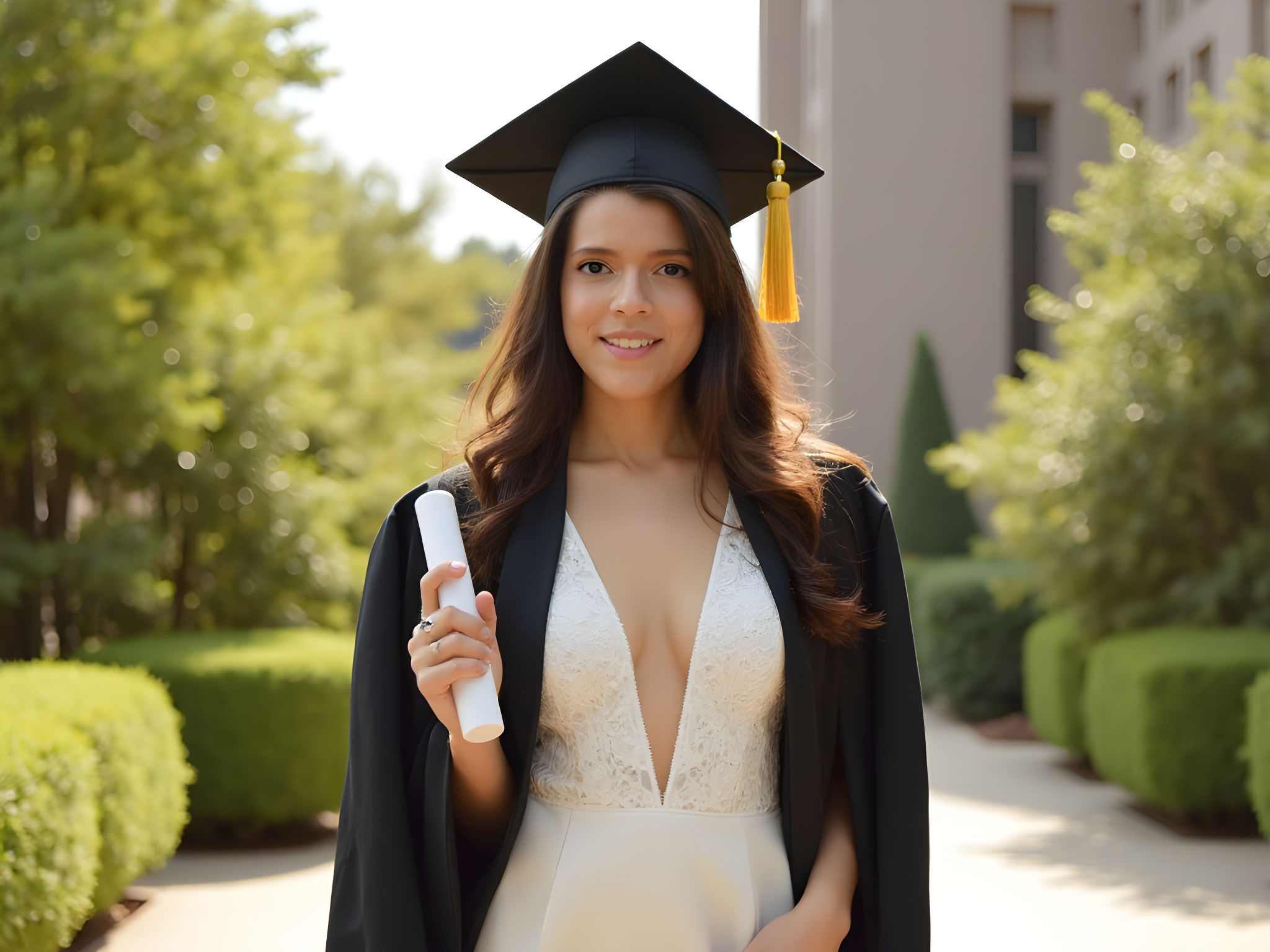 A radiant young woman, aged 25, standing proudly on a sun-drenched university campus, celebrating her graduation. She wears a sleek, tailored black graduation gown over a shimmering ivory satin dress adorned with delicate lace detailing—a nod to both tradition and modernity. Her graduation cap, embellished with a gold tassel, rests elegantly atop a tousled crown of soft waves, framing her face perfectly. With a confident smile, she holds her diploma in one hand, while the other hand is playfully tucked into her pocket, suggesting a blend of excitement and joy for the future. The lush greenery of the campus and historic architecture create a warm, inviting backdrop, highlighting her achievement. Natural light bathes the scene, casting a soft glow that enhances the celebration and vibrancy of this significant moment in her life.
