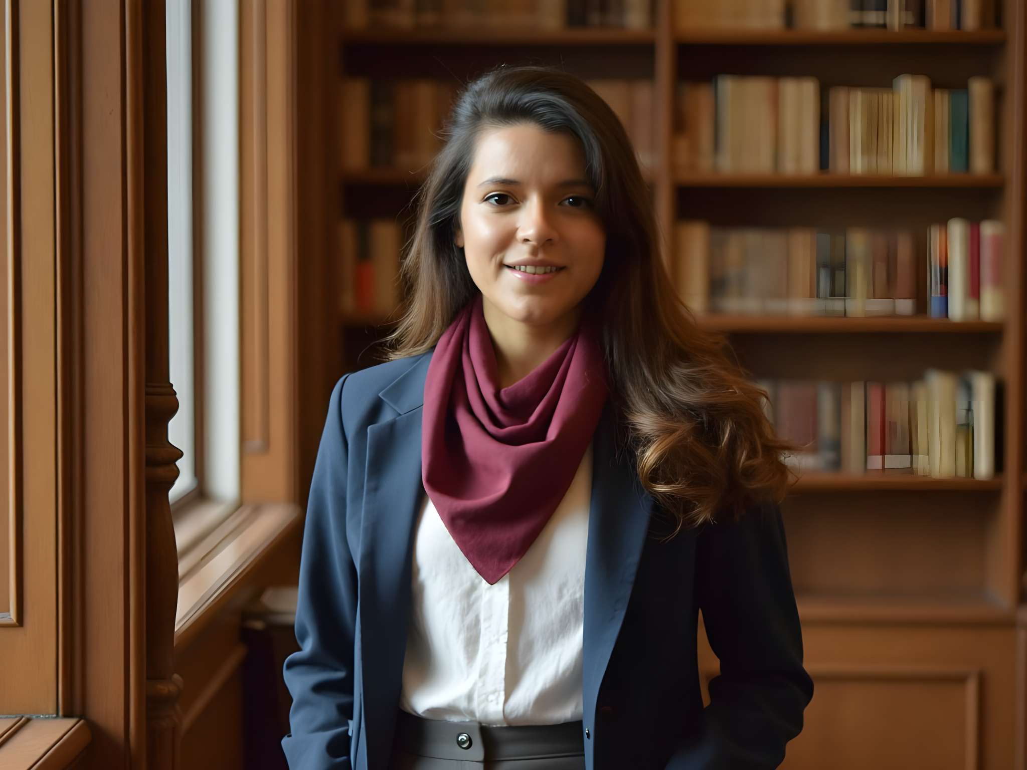 A poised female graduate, aged 25, embodies the spirit of empowerment in a contemporary academic setting. She stands confidently amidst a library adorned with historical texts, clad in a tailored navy blue blazer over a crisp white blouse, paired with high-waisted charcoal trousers that elongate her silhouette. A silk scarf in deep merlot accents her attire, cascading elegantly around her neck. Her hair is styled in soft waves, and she exudes a natural glow with understated makeup highlighting her features. The ambiance is enriched by warm, golden lighting filtering through tall windows, casting a scholarly yet inviting atmosphere. This image captures the essence of ambition and sophistication, radiating a narrative of intellectual prowess and future possibilities, perfect for a feature on modern graduates pursuing higher education.