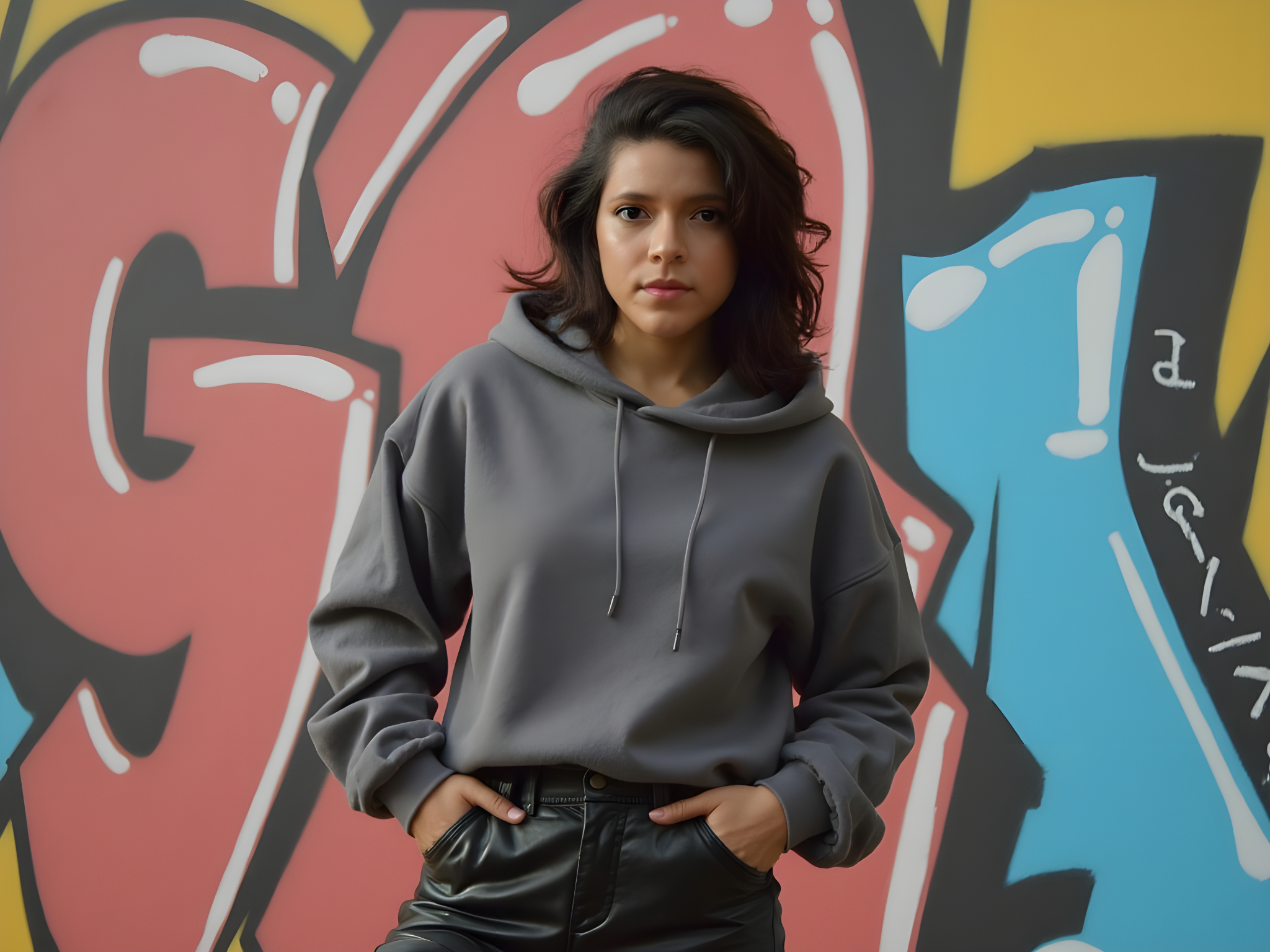 A 25-year-old woman embodies the rebellious spirit of urban fashion, cloaked in an oversized charcoal hooded sweatshirt, which drapes artfully around her silhouette. The fabric, a soft fleece with a slight sheen, contrasts with her edgy, high-waisted black leather trousers that hug her form, adding an element of toughness to her look. Her dark, tousled hair spills out from beneath the hood, creating a striking frame for her bold makeup—smoky eyes and nude lips that capture a sense of fierce individuality. She poses against a graffiti-covered wall, the vibrant colors and urban textures creating a captivating backdrop that speaks to contemporary street culture. Shallow depth of field blurs the background slightly, drawing attention to her powerful stance, one foot slightly forward, and her hands tucked casually into the pockets of the sweatshirt, exuding a nonchalant confidence. Soft, diffused natural lighting enhances the raw, gritty atmosphere, with the shadows creating striking contrasts that emphasize her powerful presence.