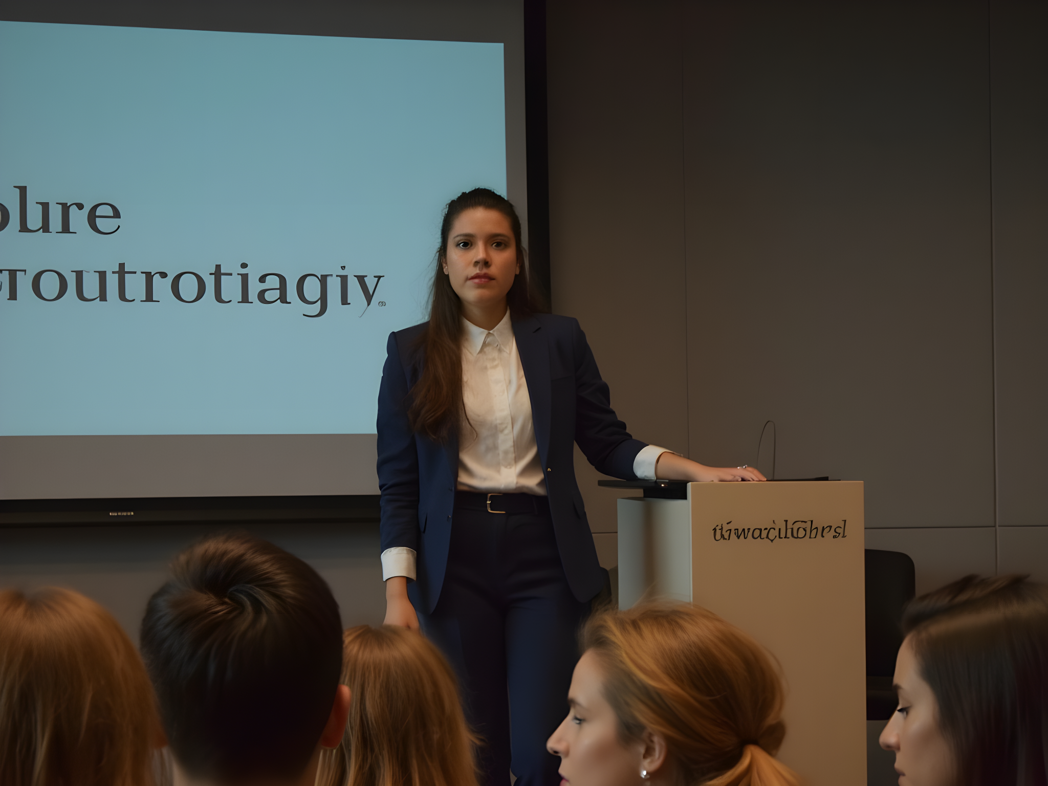 A poised female scholar, aged 25, captured in the moment of her thesis defense. She stands confidently at a sleek podium adorned with academic insignia, dressed in a tailored navy blazer over a crisp white blouse, paired with high-waisted black trousers that communicate professionalism and flair. Her long, dark hair is neatly tied back, accentuating her focused expression, as she addresses an audience of professors and peers. The setting is a modern lecture hall, enhanced by ambient lighting that casts soft shadows, creating an atmosphere of anticipation and authority. Behind her, a large screen displays the title of her thesis in bold lettering, providing context and depth to the image. The composition conveys a sense of determination and intellect, capturing the pivotal moment of achievement and scholarly pride.