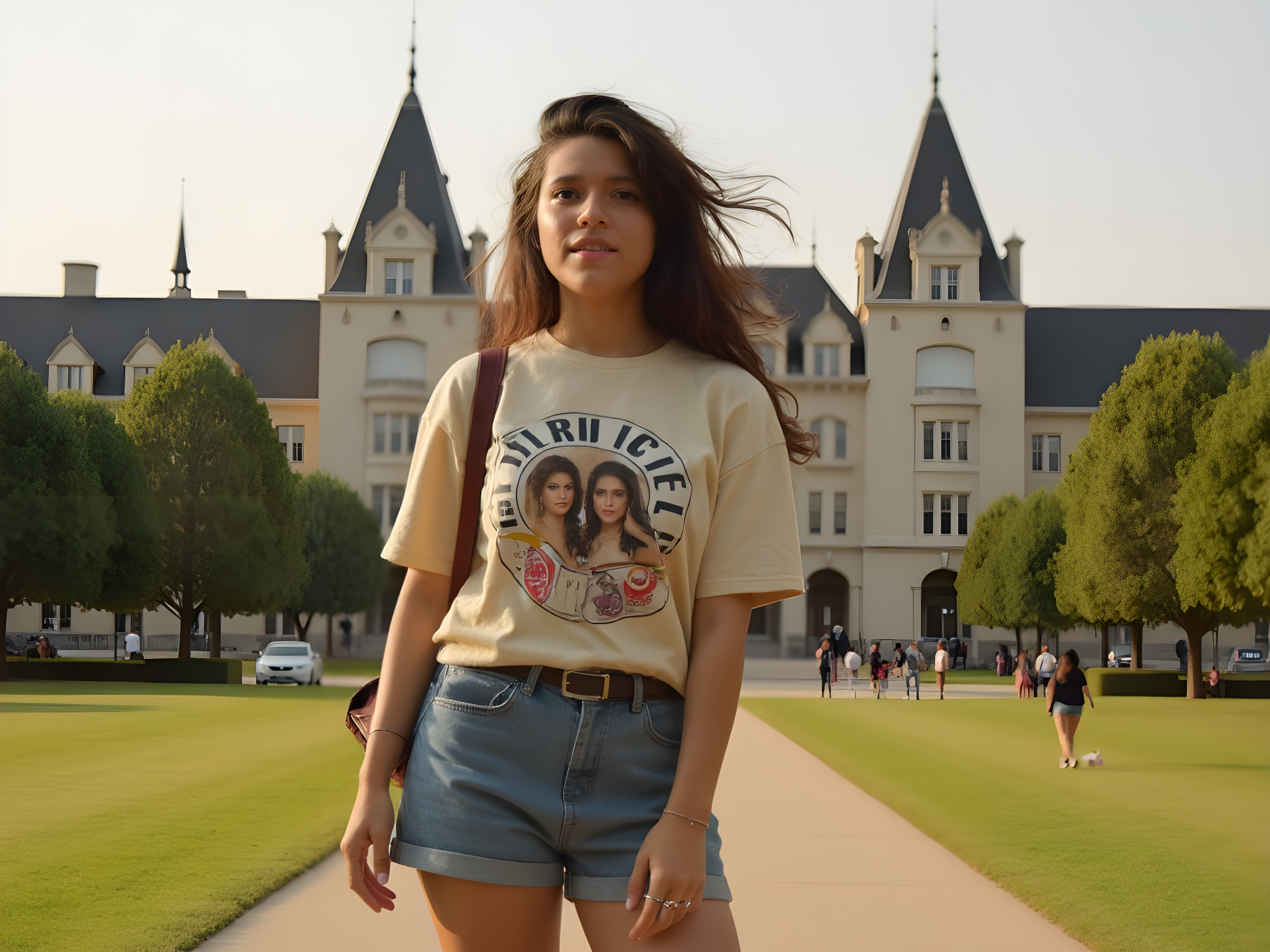 A vibrant, candid shot of a 25-year-old female student, embodying the essence of youthful exuberance on a university campus. She wears a chic ensemble: high-waisted denim shorts paired with a loose, oversized graphic tee featuring retro bands, and white high-top sneakers that signify casual coolness. Her hair is effortlessly tousled, cascading over her shoulders, adorned with colorful hair clips that pop against the sunny backdrop. The scene captures her mid-laugh as she engages with friends, radiating warmth and approachability. The background features iconic campus architecture, lush greenery, and students bustling around, enveloped in golden-hour sunlight that casts a warm, inviting glow. This image encapsulates the joy and freedom of campus life, evoking nostalgia for carefree days and the thrill of new beginnings.