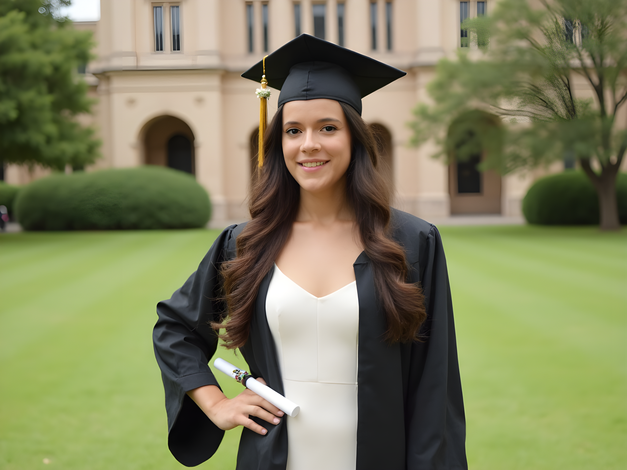 A 25-year-old female graduate stands proudly at the forefront of a lush university quad, dressed in an elegant black graduation gown that gracefully drapes over a fitted ivory dress beneath. Her mortarboard, adorned with a delicate white floral arrangement, adds a touch of personal flair. The composition features soft, natural lighting that highlights her glowing smile and the celebratory spirit of the day. She holds her diploma confidently in one hand, while the other hand rests lightly on her hip, radiating accomplishment and poise. The backdrop features historic university architecture, creating a sense of place steeped in tradition and achievement. This image captures the essence of joy, ambition, and the bright future ahead, resonating with the cultural significance of stepping into adulthood and new beginnings.