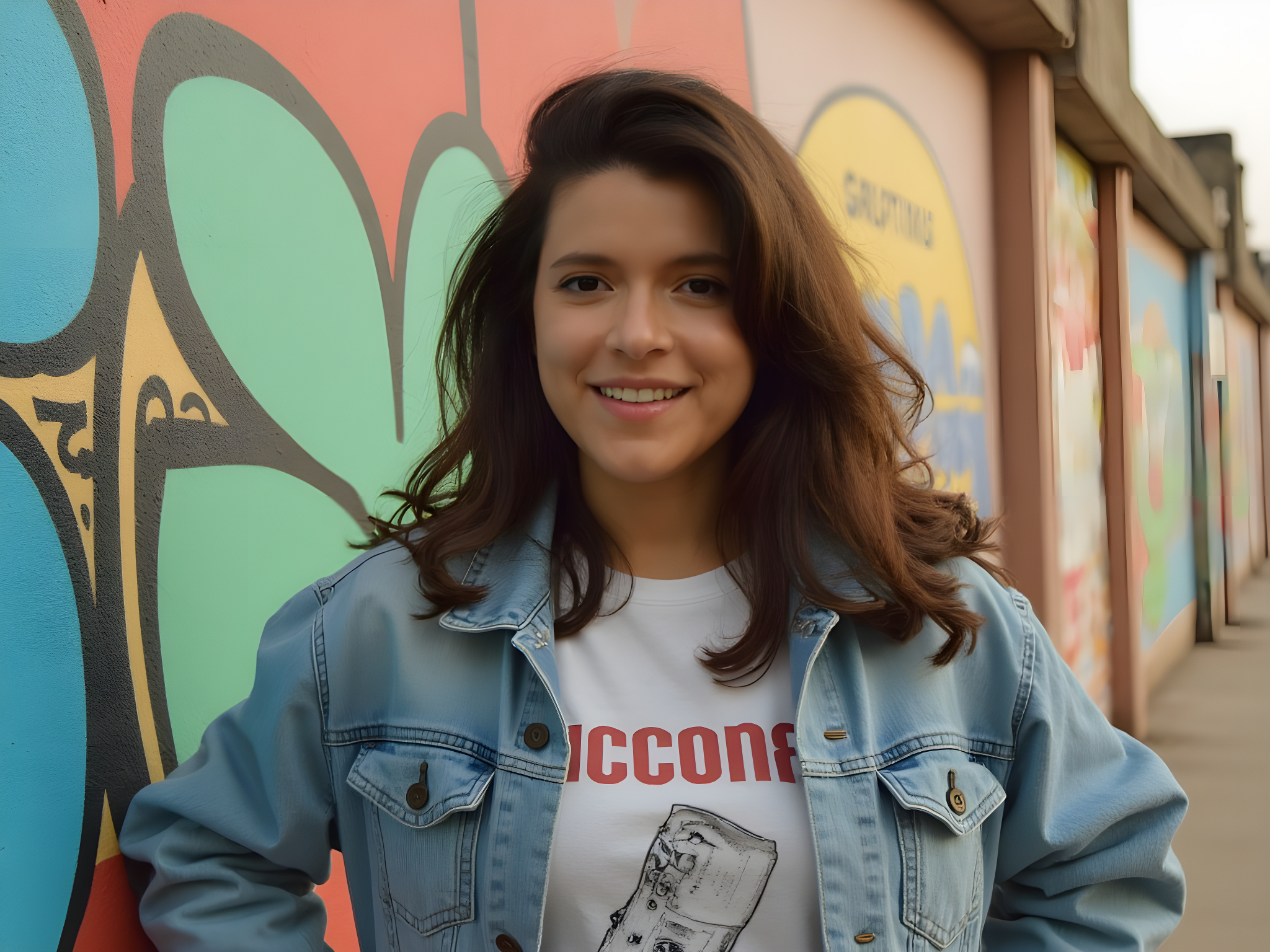 A vibrant outdoor portrait of a 25-year-old woman, capturing the essence of youthful rebellion and nostalgia. She stands against the backdrop of a colorful graffiti wall, reflecting the dynamic spirit of high school years. Dressed in a chic oversized denim jacket layered over a vintage graphic tee, she embodies effortless cool. Her high-waisted, distressed mom jeans accentuate a relaxed silhouette, while chunky platform sneakers ground the look in contemporary urban style. The soft afternoon light casts a warm glow, highlighting her carefree smile and sparkling eyes. Her tousled hair flows freely, adding to the carefree, spirited vibe as she leans casually against the wall, exuding confidence and a sense of belonging.