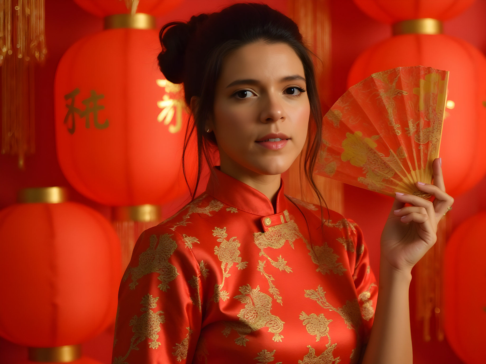 A stunning female figure, aged 25, embodies the festive spirit of Chinese New Year, adorned in a vibrant red qipao made of luxurious silk brocade. The dress, meticulously embroidered with intricate gold motifs of dragons and peonies, features a fitted silhouette that flows gracefully just past the knees. Her hair is styled in a traditional chignon, accented with delicate jasmine blossoms, while her makeup highlights a flawless complexion, with crimson lips and subtle gold leaf on her eyelids. She stands against an elegantly festooned backdrop of red lanterns and golden calligraphy, exuding joy and prosperity. Her pose is celebratory, with one arm gracefully raised, holding a hand-painted fan that adds dimension and cultural depth to the composition. Warm, ambient lighting enhances the richness of the fabric and the festivity of the scene, while the overall atmosphere radiates happiness and auspiciousness, capturing the essence of this vibrant celebration.