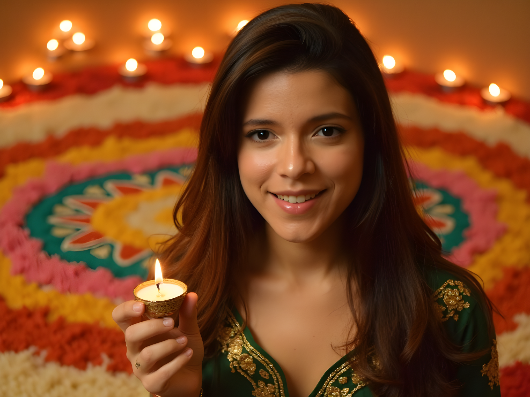 A vibrant and joyous portrait of a 25-year-old woman celebrating Diwali, embodying the spirit of light and festivity. She wears an exquisite lehenga choli adorned with intricate gold embroidery and rich jewel tones of deep emerald and ruby, capturing the essence of traditional elegance. Her long, flowing hair is beautifully styled with aromatic jasmine flowers woven throughout, cascading down her back. In one hand, she delicately holds a diya (oil lamp), its flame flickering softly against the backdrop of colorful rangoli patterns and floating marigold petals. The warm glow of lanterns illuminates her face, accentuating her radiant smile and sparkling eyes filled with joy and hope. The scene is rich with cultural symbols and festive colors, evoking a sense of celebration and community.