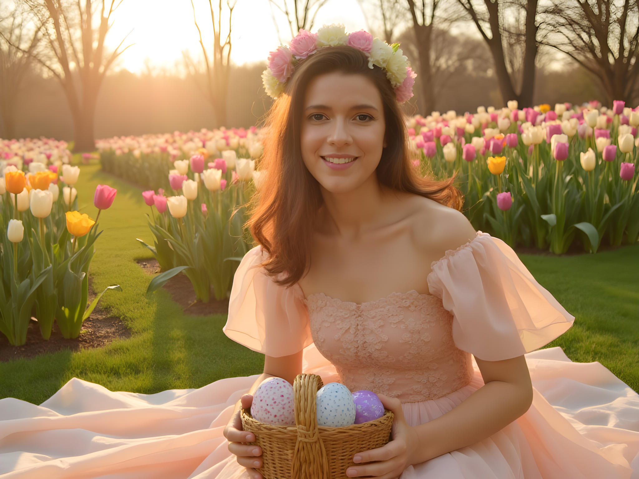 A 25-year-old woman embodies the spirit of Easter in a vibrant, sun-drenched garden, creating a picturesque scene reminiscent of a Renaissance painting. She wears an ethereal, pastel-colored chiffon dress with delicate floral appliqués that dance around her form. The dress features flowing sleeves and a lightweight train that trails gracefully behind her, evoking the sensuality of spring. Her hair, styled in loose waves adorned with a floral crown, frames her radiant face. The composition captures the golden hour light filtering through blossoming trees, casting a dreamy glow that highlights her playful smile as she holds a basket brimming with intricately decorated Easter eggs. The background blossoms with tulips and daffodils, blending harmoniously in shades of pink, yellow, and lavender, underscoring the joyous essence of renewal and celebration. This image melds whimsy with elegance, showcasing not just fashion but the joyous rebirth of nature, making it the ideal editorial for a spring issue.