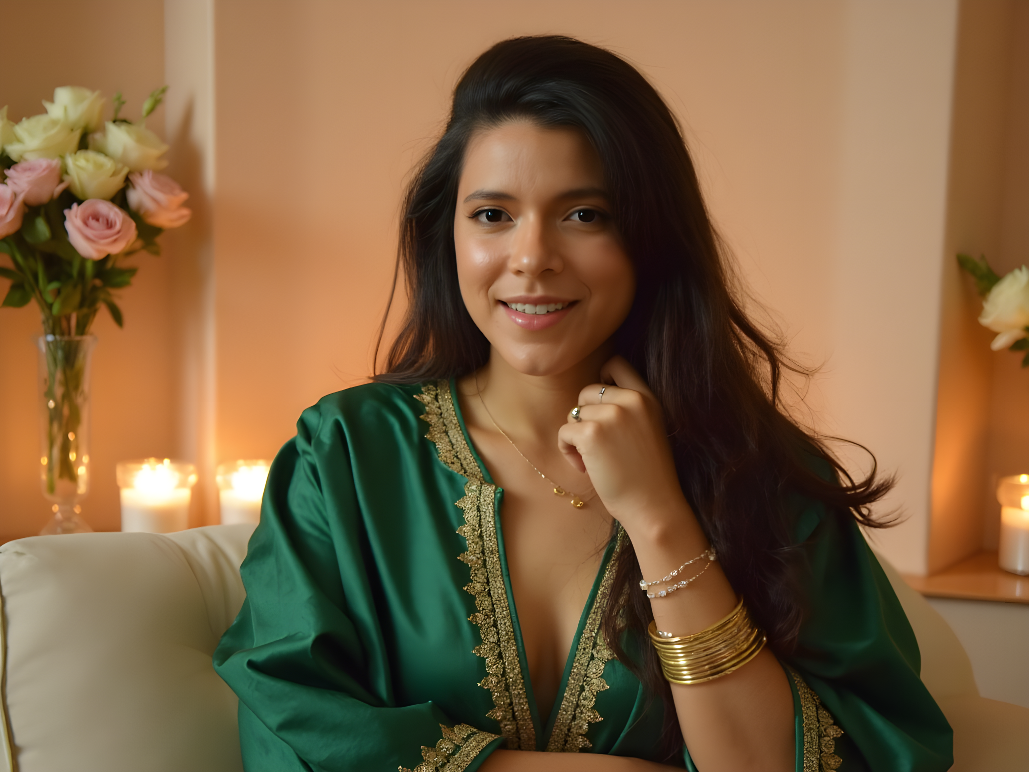 A captivating portrait of a 25-year-old woman embodying the spirit of Eid celebrations, dressed in a stunning emerald green abaya adorned with intricate gold embroidery that cascades elegantly along the sleeves and hem. Delicate, layered bangles adorn her wrists, complementing the soft glow of a subtle gold pendant resting against her collarbone. Her hair, beautifully styled in loose waves, frames a radiant face that exudes warmth and joy. The background features a softly lit setting adorned with traditional lanterns and floral arrangements, enhancing the festive ambiance. The composition captures the essence of celebration, blending modern elegance with cultural richness, and evokes feelings of unity and joy during this special occasion.