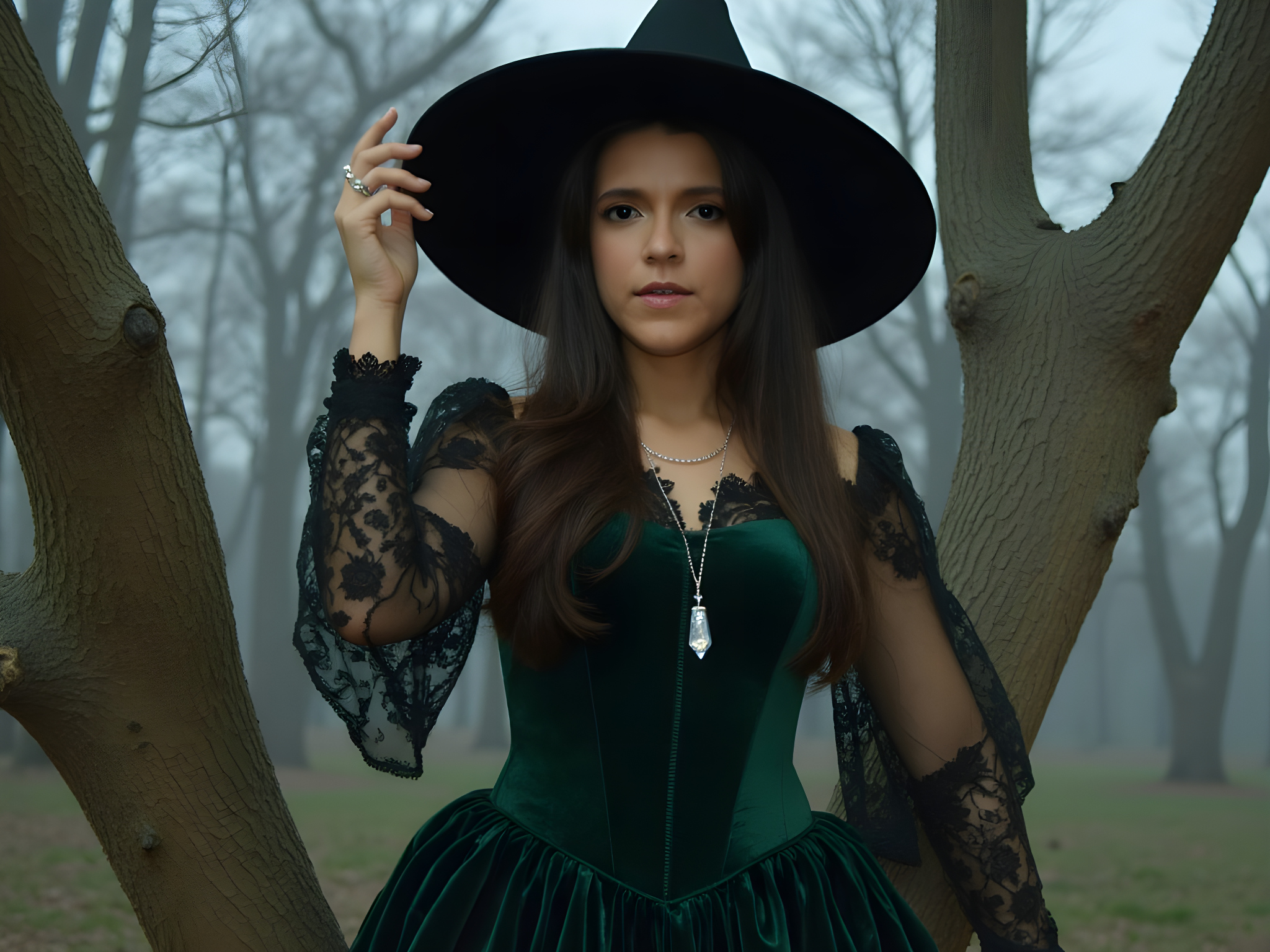A enchanting female figure, aged 25, embodies a modern witch, harmonizing both allure and mystique. She is adorned in a floor-length, deep emerald green velvet gown with intricate lace sleeves and a corseted waist, evoking a sense of gothic romance. Her dramatic wide-brimmed black hat casts shadows over her striking features, accentuating her pale complexion and smoky eye makeup. The setting is a moonlit forest, where ancient trees twist and turn overhead, shrouded in silver mist that adds an ethereal quality to the atmosphere. Delicate silver jewelry glimmers in the moonlight, and a crystal pendant hangs from her neck. Her pose is both powerful and graceful, one hand raised as if casting a spell, while the other casually rests on a gnarled tree branch. The composition captures the essence of Halloween—a fusion of elegance and the supernatural, creating an image that is both inviting and haunting.