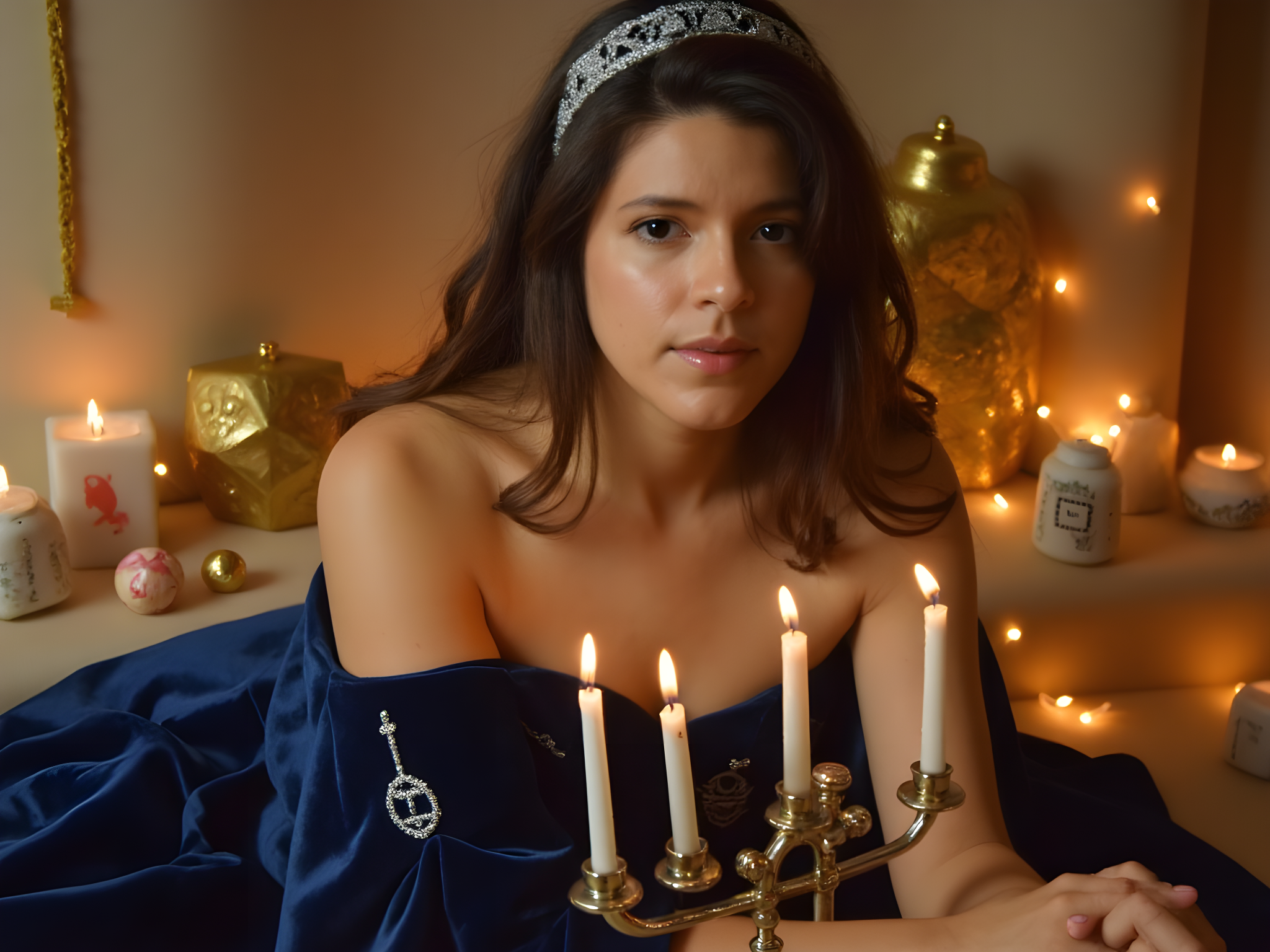A radiant 25-year-old woman embodies the warmth and joy of Hanukkah, adorned in a flowing deep blue velvet gown with delicate silver embroidery resembling traditional menorahs. Her hair cascades in soft waves adorned with a silver headband featuring Star of David motifs. She holds a beautifully lit menorah, each candle shimmering against the backdrop of a softly glowing room filled with dreidels and golden-hued decor. The ambiance is enriched by the warm light, which gently highlights her serene expression, reflecting the spirit of celebration and family, evoking a sense of warmth and festivity. The image captures the emotional essence of Hanukkah, rooted in tradition yet resonating with contemporary elegance.