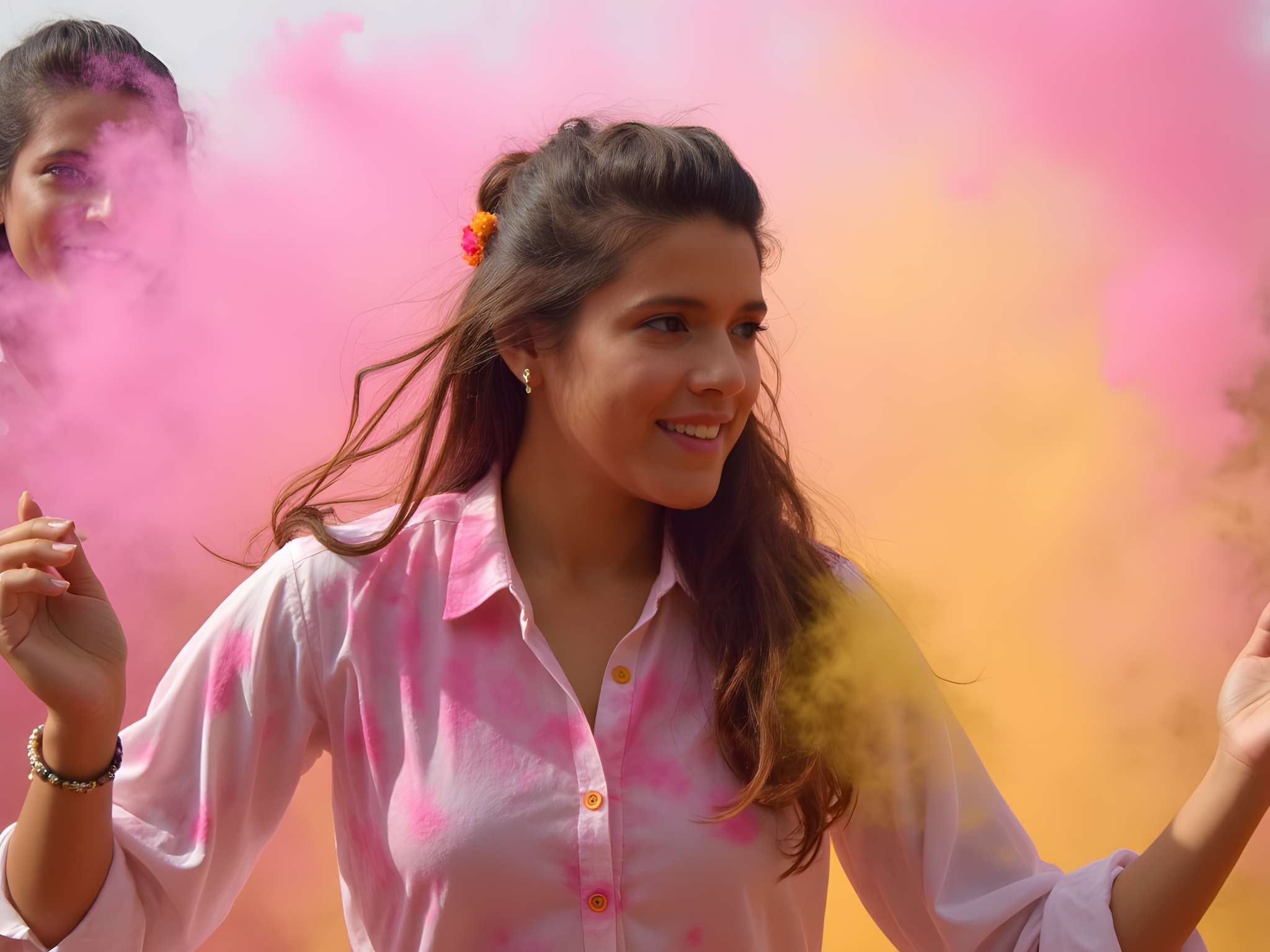 A vibrant scene capturing a 25-year-old female, embodying the spirit of Holi, the festival of colors. She is adorned in a flowing, sheer white kurta, playfully splattered with vivid hues of pink, blue, and yellow powder. Her hair, loosely braided, is decorated with delicate marigold flowers, blending tradition with youthful exuberance. The background is a kaleidoscope of color, as friends dance around her, throwing powders into the air that swirl like confetti. The sunlight filters through the vibrant cloud of colors, creating an ethereal glow that complements her joyful, carefree expression. This image encapsulates the joy and cultural richness of the Holi festival, evoking emotions of warmth, celebration, and unity.