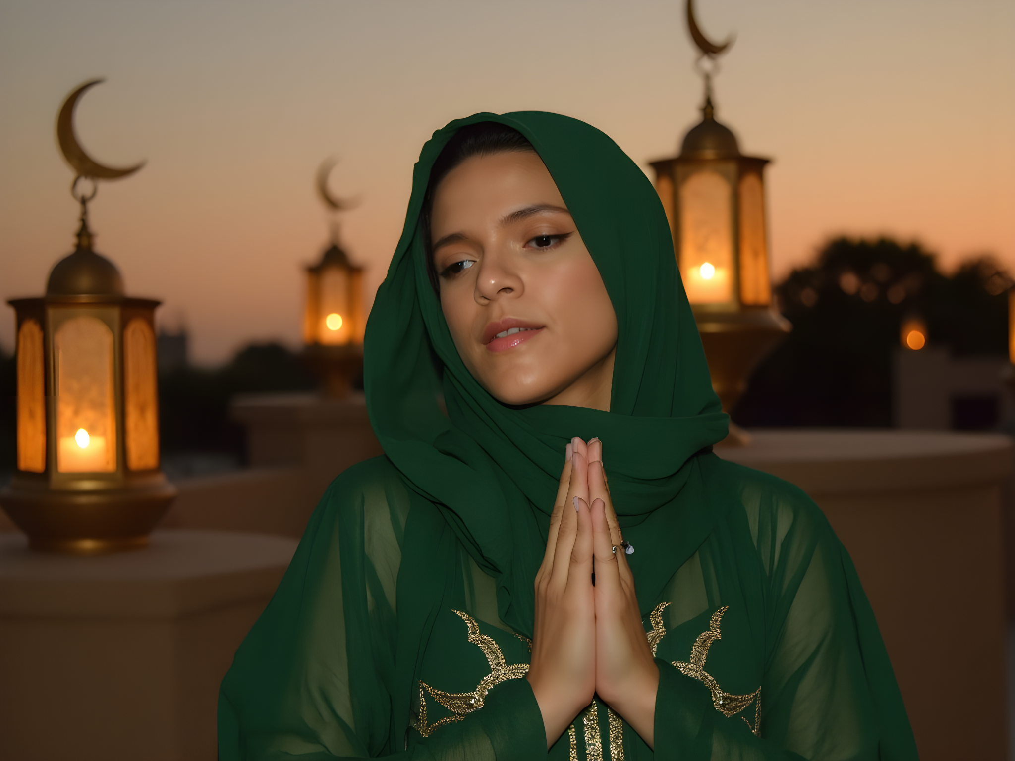 A 25-year-old woman embodies the elegance of Ramadan in a serene, twilight setting, draped in a flowing, embroidered abaya of rich emerald green chiffon, interspersed with bold gold thread. The intricate detailing of the dress features delicate motifs that reflect Islamic art, casting a radiant glow as she stands against a backdrop of softly lit lanterns and crescent moon accents. Her hair is elegantly covered with a matching silk hijab, styled with subtle twists that frame her face gracefully. With her hands gently clasped in prayer, her expression is one of peace and contemplation, while soft, golden hour lighting caresses her features, creating an ethereal ambiance. This image captures the spiritual essence and cultural richness of Ramadan, showcasing the beauty in tradition and modernity.