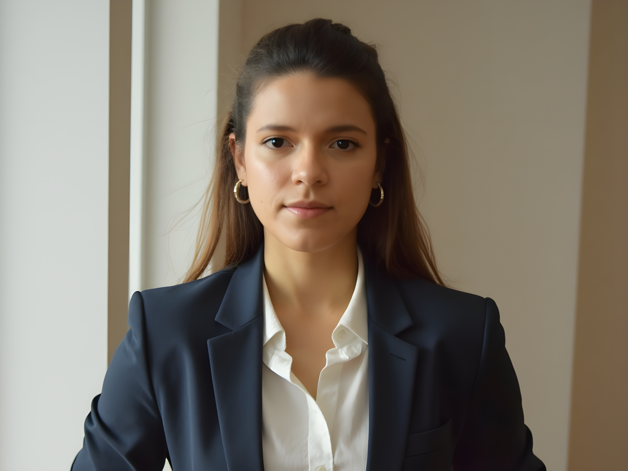 A 25-year-old female professional, exuding confidence and potential, gazes directly into the camera against a soft, blurred office background that suggests modernity and ambition. She wears a tailored navy blazer over a crisp white blouse, the sharp lines of her outfit highlighting her poised demeanor. Accessories are minimal yet sophisticated—delicate gold hoop earrings and a silver watch that speaks to her attention to detail. The warm, natural lighting casts a flattering glow on her face, emphasizing her bright, determined eyes and genuine smile. Her relaxed stance, with one hand confidently tucked into her pocket, communicates both professionalism and approachability, making her the epitome of the next generation of leaders in a contemporary business landscape.