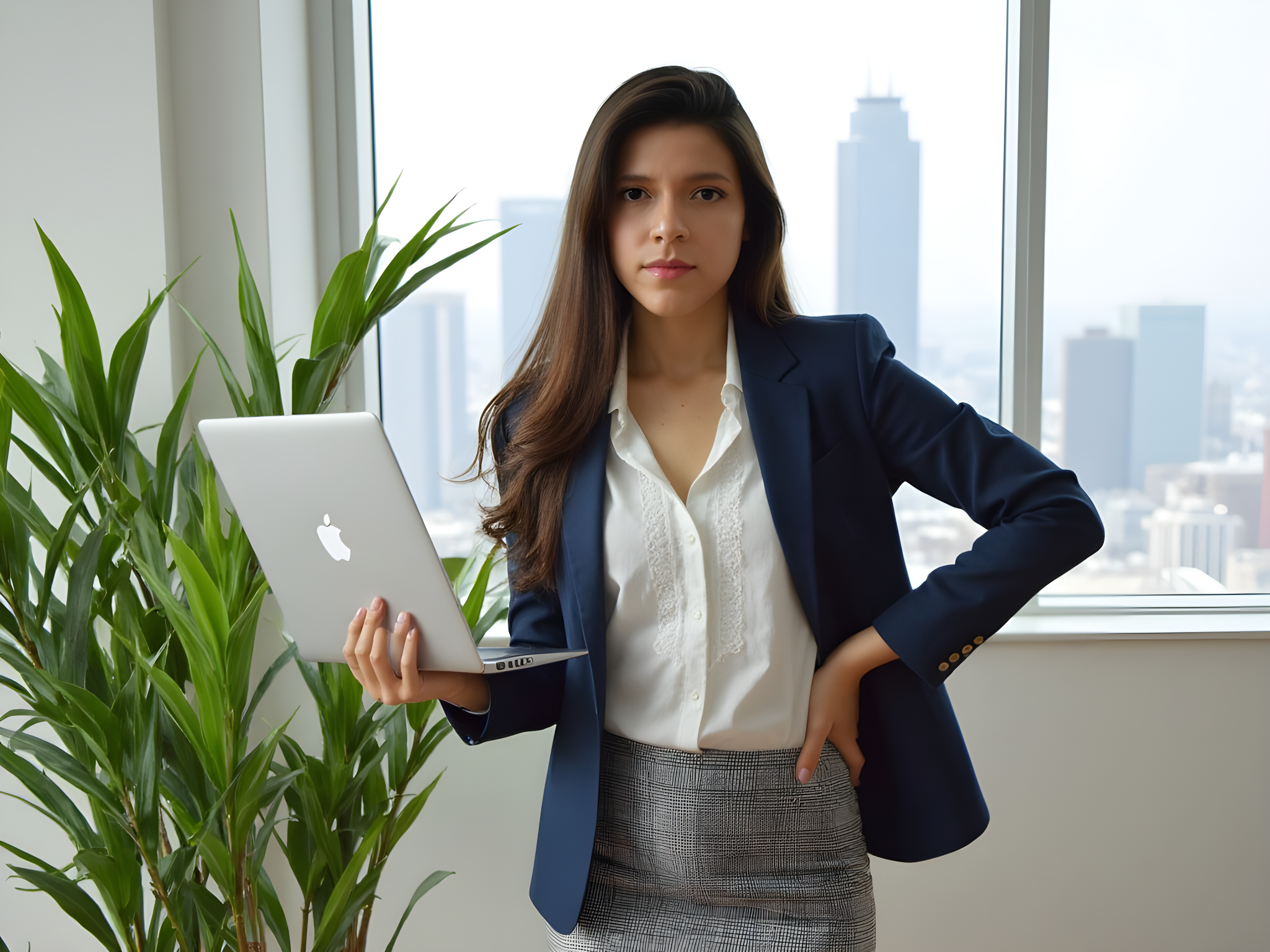 Professional woman in a blazer holding a laptop, standing near a large window with a cityscape view and indoor plants.