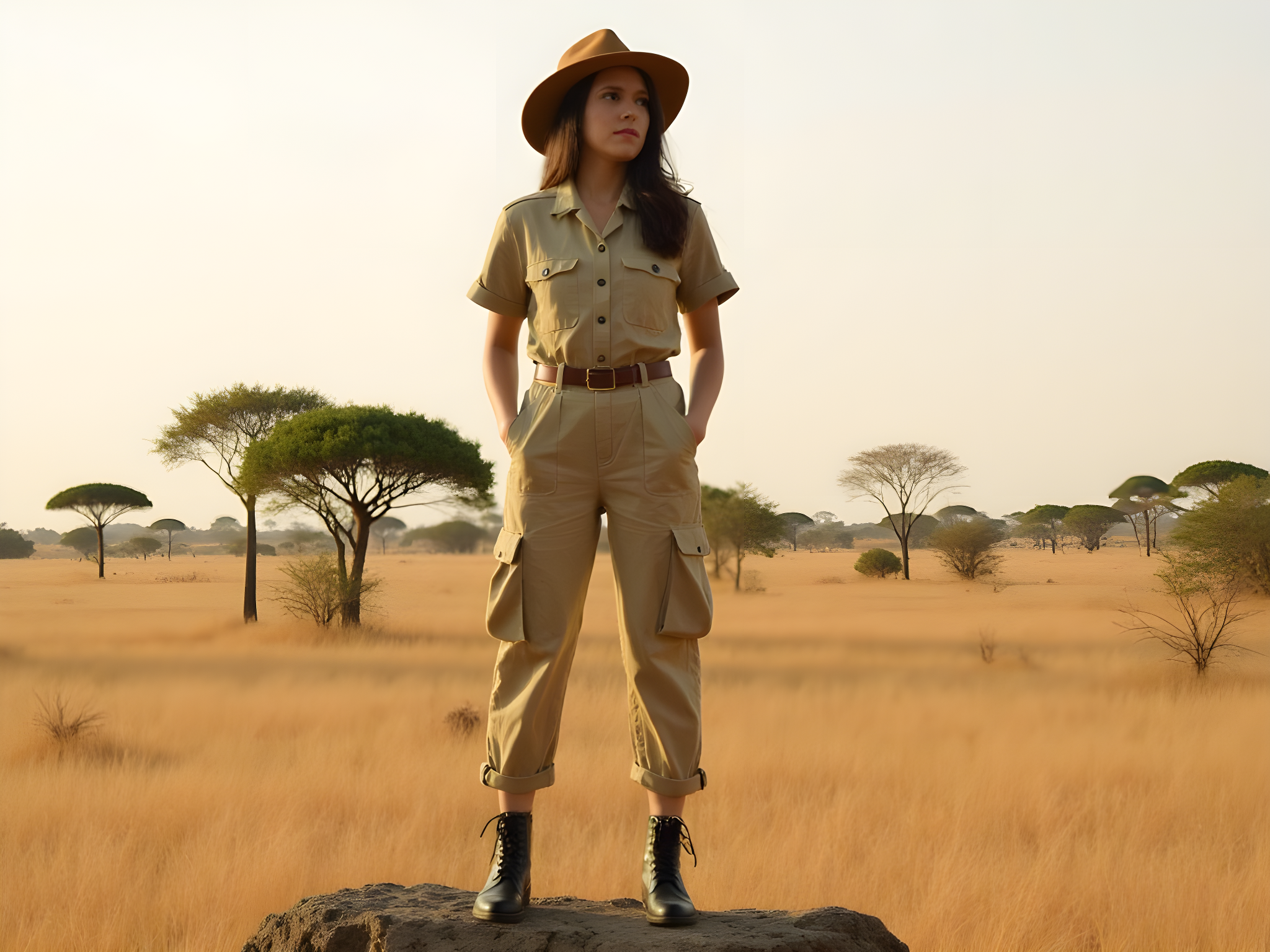 A captivating scene featuring a 25-year-old female adventurer on a sun-drenched African savanna. She embodies the spirit of exploration, dressed in a tailored khaki jumpsuit with short sleeves and carefully placed utility pockets, cinched at the waist with a stylish leather belt. Her look is completed with rugged yet chic ankle boots and a wide-brimmed straw hat, elegantly tousled hair cascading down her shoulders. Standing atop a rocky outcrop, she gazes into the horizon, embodying the essence of a modern-day safari queen. The golden grasses sway gently in the warm breeze, with acacia trees dotting the landscape and a hint of wildlife in the distance. Soft, diffused sunlight bathes the scene, creating a warm glow that highlights her confident stance. The composition balances negative space and environmental storytelling, drawing the viewer into her adventurous world, evoking a sense of freedom and wanderlust.