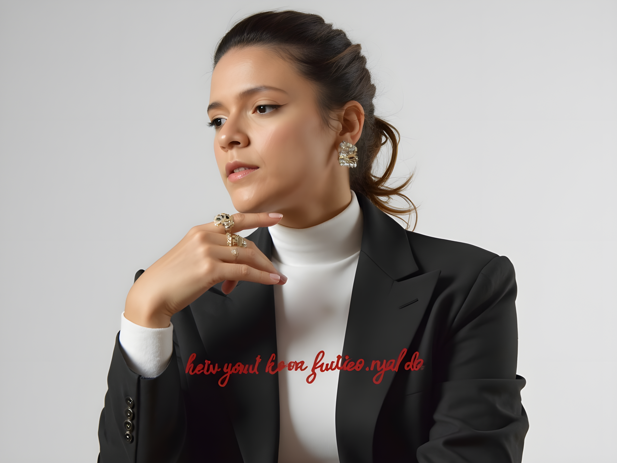 A striking female figure, aged 25, embodying the raw, thought-provoking style of Barbara Kruger. She is captured against a stark, monochrome backdrop, dressed in a sharp, oversized black blazer layered over a fitted white cotton turtleneck. Her accessories are minimalistic yet bold: large, sculptural earrings that frame her face and a statement ring on her finger. The powerful statement 'Your body is a battleground' overlays the image in bold, red text, juxtaposing her contemplative expression. Lighting is high-contrast, sculpting her features and casting bold shadows that enhance the emotional weight of the piece. This composition challenges societal norms and sparks dialogue, perfectly aligning with Kruger’s signature visual rhetoric.