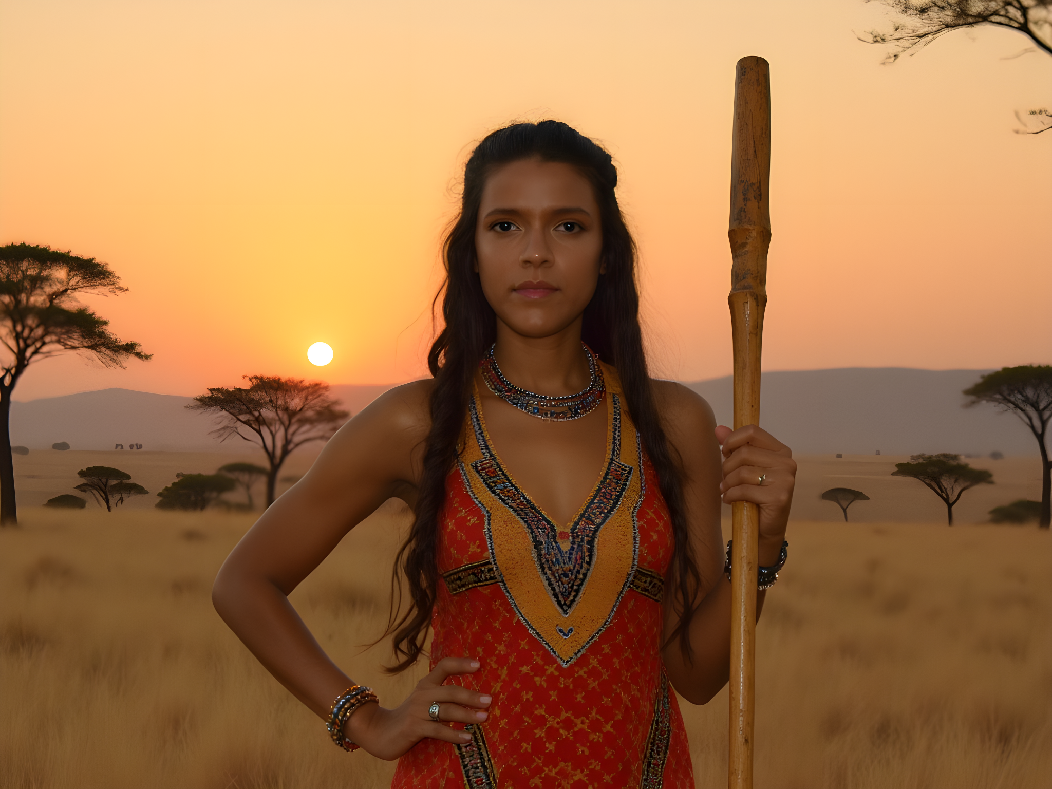 A 25-year-old female model, embodying the spirit of the Maasai Mara, stands poised on the African savannah during the golden hour. She is draped in a vibrant kanga dress featuring traditional Maasai patterns in bright reds, blues, and yellows, adorned with intricate beaded jewelry that captures the sunlight. Her hair is styled in long, braided extensions, cascading over her shoulders, reminiscent of the Maasai warrior women. In her hand, she holds a hand-carved wooden staff, symbolizing strength and connection to the land. The backdrop reveals rolling plains and acacia trees silhouetted against a breathtaking sunset, casting long shadows that enhance the emotional depth of the portrait. The composition utilizes natural light to highlight her regal posture, evoking a sense of serene power and cultural pride.