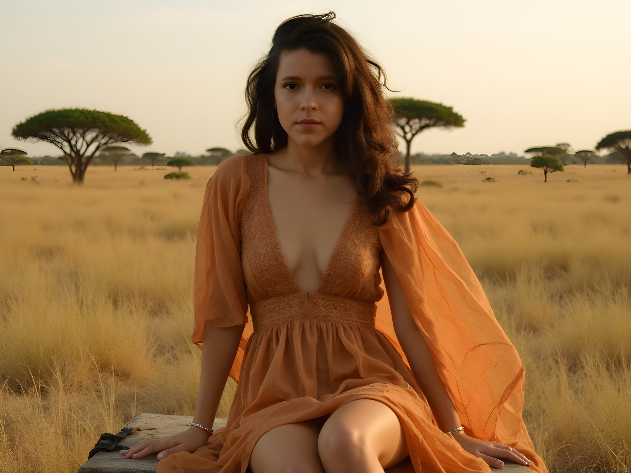 A captivating portrait of a 25-year-old female model, embodying the spirit of a modern-day safari queen against the expansive backdrop of the African savannah at golden hour. She wears a flowing, earth-toned chiffon maxi dress adorned with intricate tribal patterns that echoes the rich colors of the landscape. Her hair, styled in voluminous curls, dances in the warm breeze, and her makeup reflects a sun-kissed glow with a subtle bronze highlight. Positioned gracefully on a weathered wooden crate, her gaze is piercing, inviting, and contemplative, as she embraces the majestic serenity of her surroundings. The soft, golden light envelops her, enhancing the warm hues of her attire while casting dramatic shadows that highlight her figure. Lush grasslands stretch behind her, punctuated by the silhouette of acacia trees and the gentle undulation of distant hills, evoking a sense of adventure and timeless beauty, reminiscent of iconic fashion campaigns from the likes of Patrick Demarchelier. This image should evoke a deep connection to nature and the wild elegance of the untamed world.