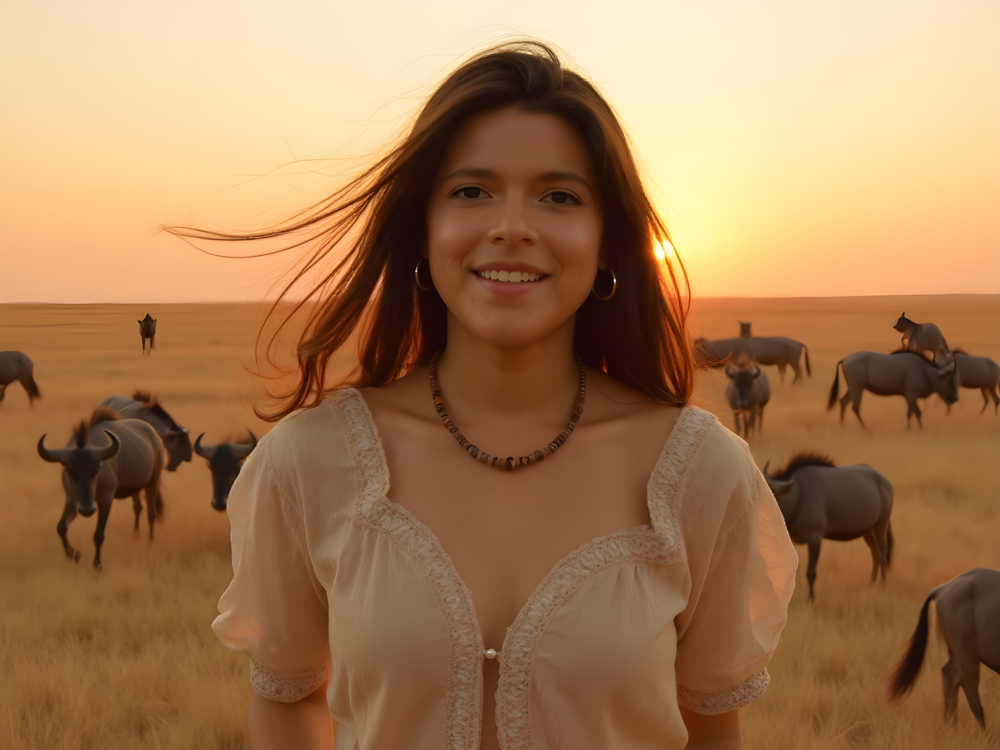 A striking portrait of a 25-year-old female model, set in the breathtaking expanse of Serengeti National Park at sunset. Dressed in an elegant, earth-toned, lightweight linen maxi dress that dances in the warm breeze, she embodies the spirit of adventure and grace. The dress features intricate, hand-embroidered patterns inspired by traditional Maasai artistry. Her hair is styled in loose, sun-kissed waves, framing her face, which is adorned with minimalistic, nature-themed accessories—a delicate necklace made of wooden beads and a pair of gold hoop earrings. The ambiance is enriched by the golden hues of the setting sun casting a soft glow on her skin, while a herd of wildebeests grazes in the background, adding an element of wild, untamed beauty. The composition utilizes negative space effectively, emphasizing the subject amidst the vastness of the landscape. Overall, the image evokes a sense of freedom and connection to nature, capturing the elegance and majesty of a modern-day explorer.