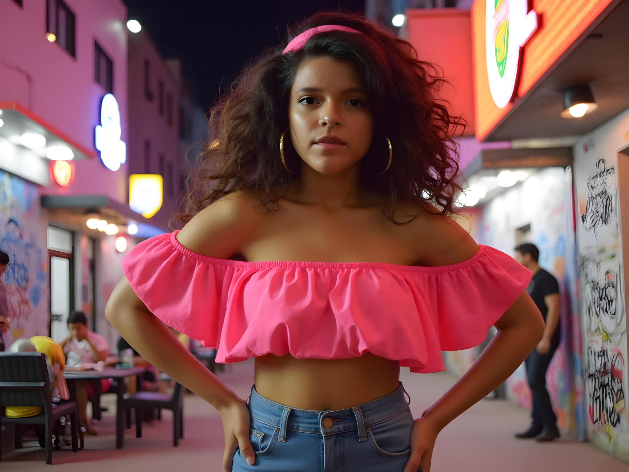 A vibrant and spirited female figure, aged 25, evoking the electric energy of the 1980s. She stands confidently in a bustling urban setting, clad in a high-waisted, acid-washed denim mini skirt paired with a neon pink off-the-shoulder top that cascades effortlessly, accentuated by oversized gold hoop earrings. Her voluminous, curly hair is styled with a bold headband, and her makeup features bright blue eyeshadow and glossy lips, embodying the exuberance of a pop star from the era. The backdrop is a bustling cityscape, creatively illuminated with neon lights and graffiti, capturing the essence of 80s street culture. The composition showcases a dynamic pose, with one hip cocked and a playful smile, invoking a sense of freedom and rebellion typical of the decade's fashion trends.