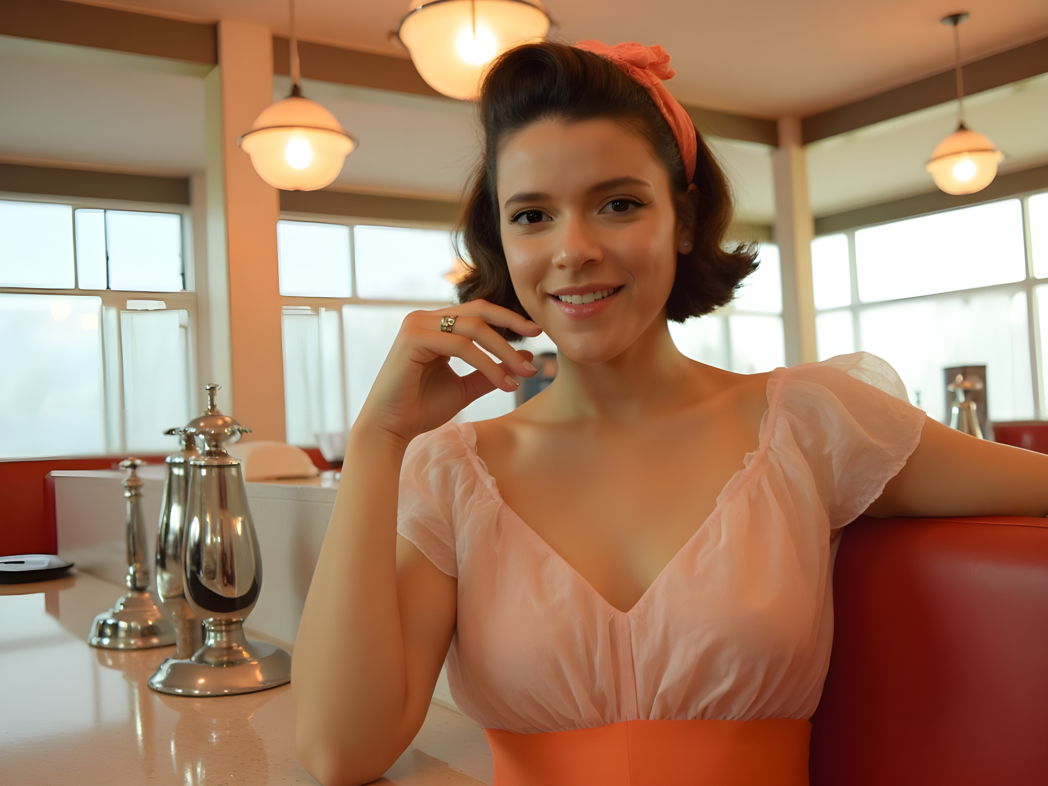A 25-year-old female model embodies the quintessential glamour of 1950s retro fashion, encapsulating the playful spirit of the era. She stands in a sunlit diner, dressed in a pastel polka-dot swing dress made of lightweight chiffon georgette, cinched at the waist with a broad, coral silk sash that creates a flattering hourglass silhouette. The dress flares out with hand-pleated cascading layers, twirling gracefully with her every movement. Her hair is styled in classic vintage waves adorned with a silk headscarf, while her makeup features a bold cat-eye and cherry-red lips, exuding confidence and charm. The atmosphere is nostalgic, evoking the joy and innocence of a summer day in the 1950s, with the diner’s retro decor of chrome accents and vinyl booths complementing her vibrant look. The lighting is warm and inviting, highlighting the playful details of her outfit and the joy radiating from her expression as she leans against the counter, sipping a soda with a mischievous smile. This image tells a story of carefree youth, retro romance, and timeless elegance, perfect for a high-fashion editorial.