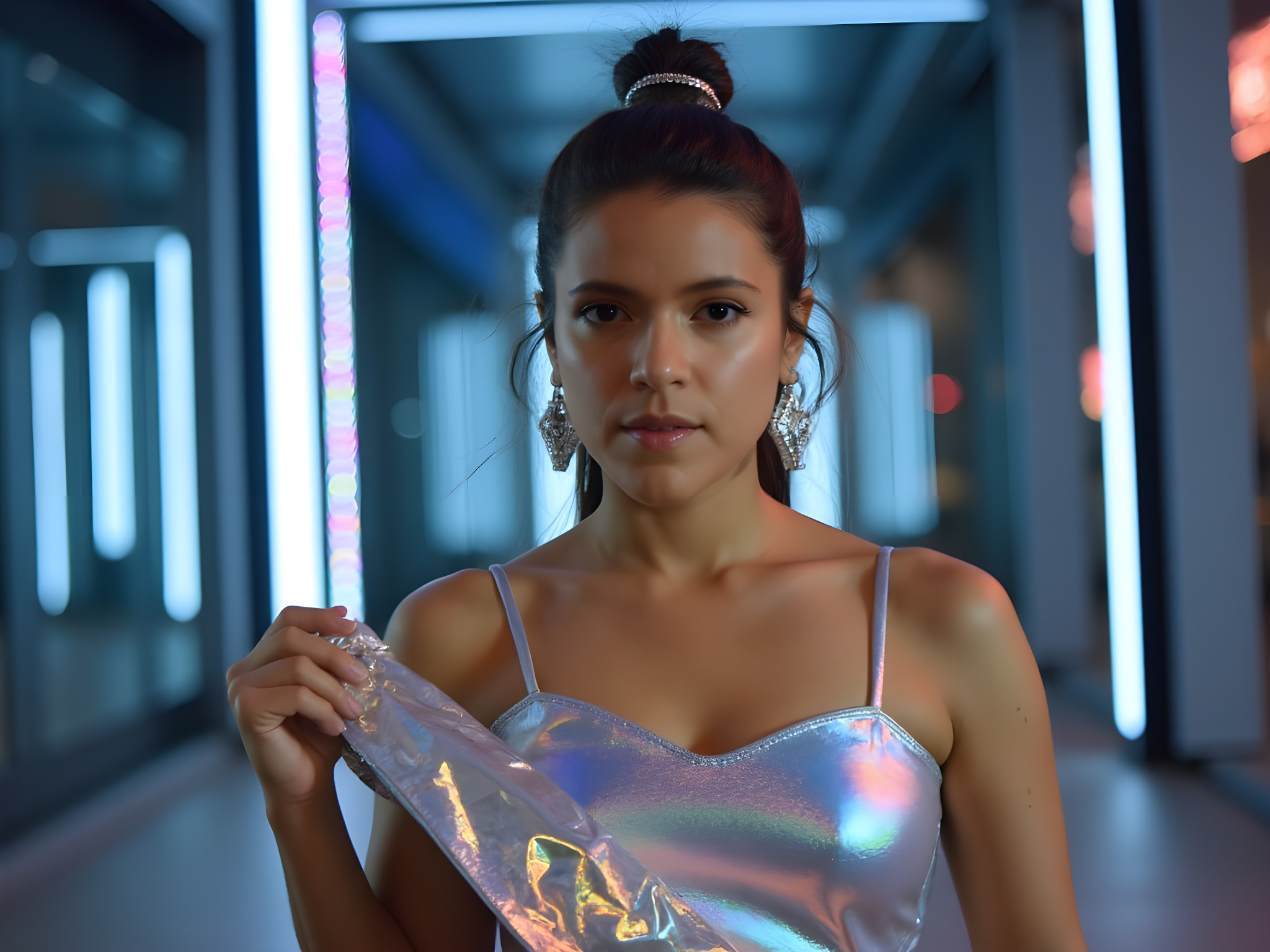 A captivating portrait of a 25-year-old female visionary, embodying futuristic elegance. She stands in a sleek, ultra-modern cityscape with neon lights reflecting off glass buildings, evoking a sense of innovation and possibility. Clad in a form-fitting, metallic midi dress crafted from iridescent fabric that changes color with movement, the silhouette enhances her athletic figure. Accessories include geometric earrings and a holographic clutch that shimmer as they catch the light. Her hair is styled in an avant-garde updo with silver accents woven through it, and her makeup features bold metallic eyeshadow and a glossy lip. The composition utilizes dramatic chiaroscuro lighting, emphasizing the contours of her face while casting intriguing shadows. This image radiates empowerment and inspiration, capturing the essence of a woman who is not just a participant in the future but a leader shaping it.