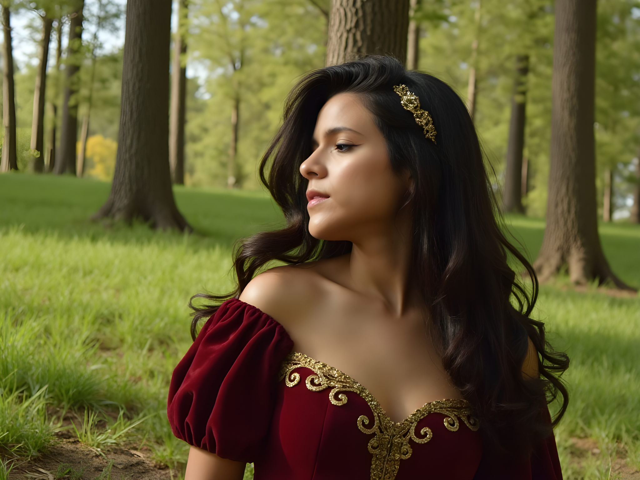 A captivating image of a 25-year-old female figure immersed in the enchanting world of medieval times. She wears a luxurious, floor-length gown made from rich burgundy velvet, its sleeves elegantly draping like royal wings. The gown features intricate gold embroidery along the bodice and hem, evoking the grandeur of a noble lady. Her raven-black hair cascades in soft waves, adorned with a delicate gold circlet that glimmers in the soft, ambient light. Positioned in a lush forest clearing, the dappled sunlight filters through the trees, casting ethereal shadows that enhance the mystical atmosphere. She gazes contemplatively into the distance, a hint of vulnerability in her expressive eyes, embodying the spirit of a resilient princess caught between duty and desire. The composition employs a harmonious balance of color and form, inviting viewers into a moment where fantasy and reality intertwine.